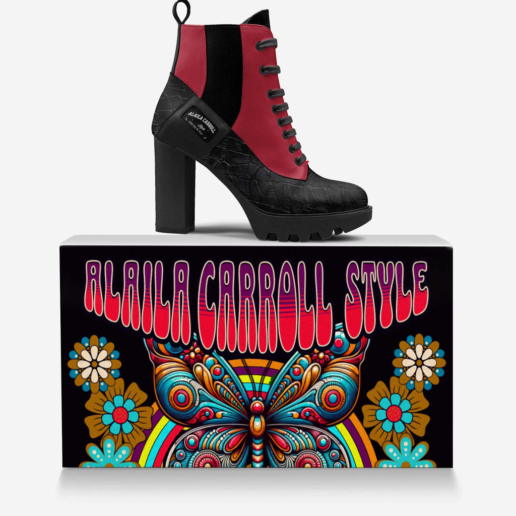 Laced Designer Boot – Black Croc & Red