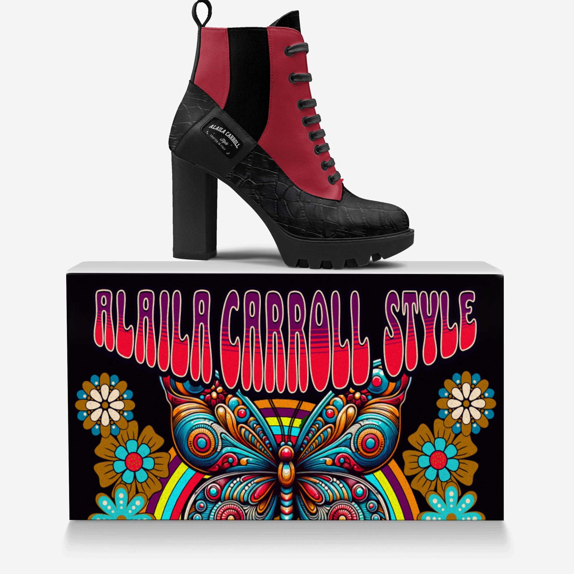 Laced Designer Boot – Black Croc & Red