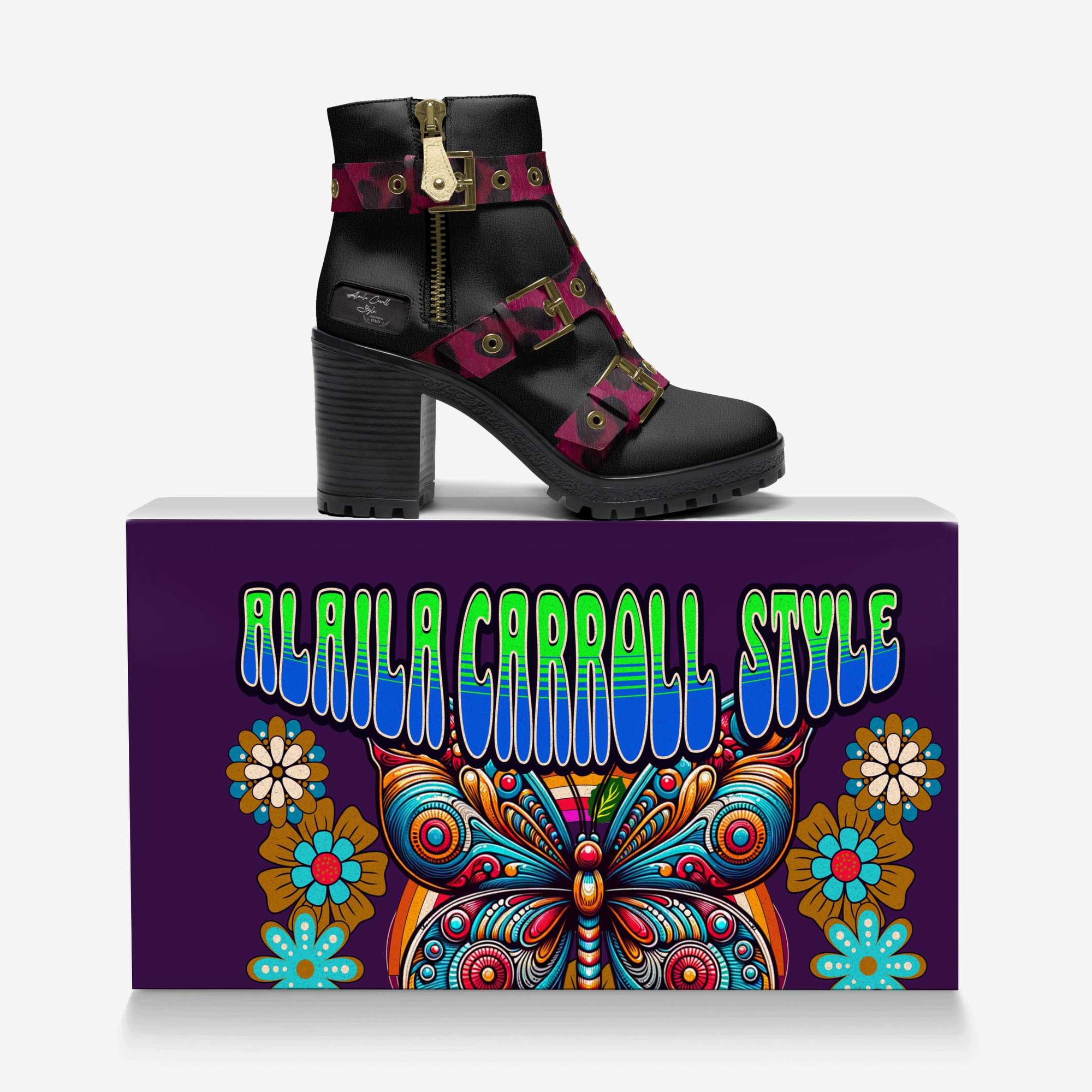 Triple Straps Boot Black & Purple Animal Print