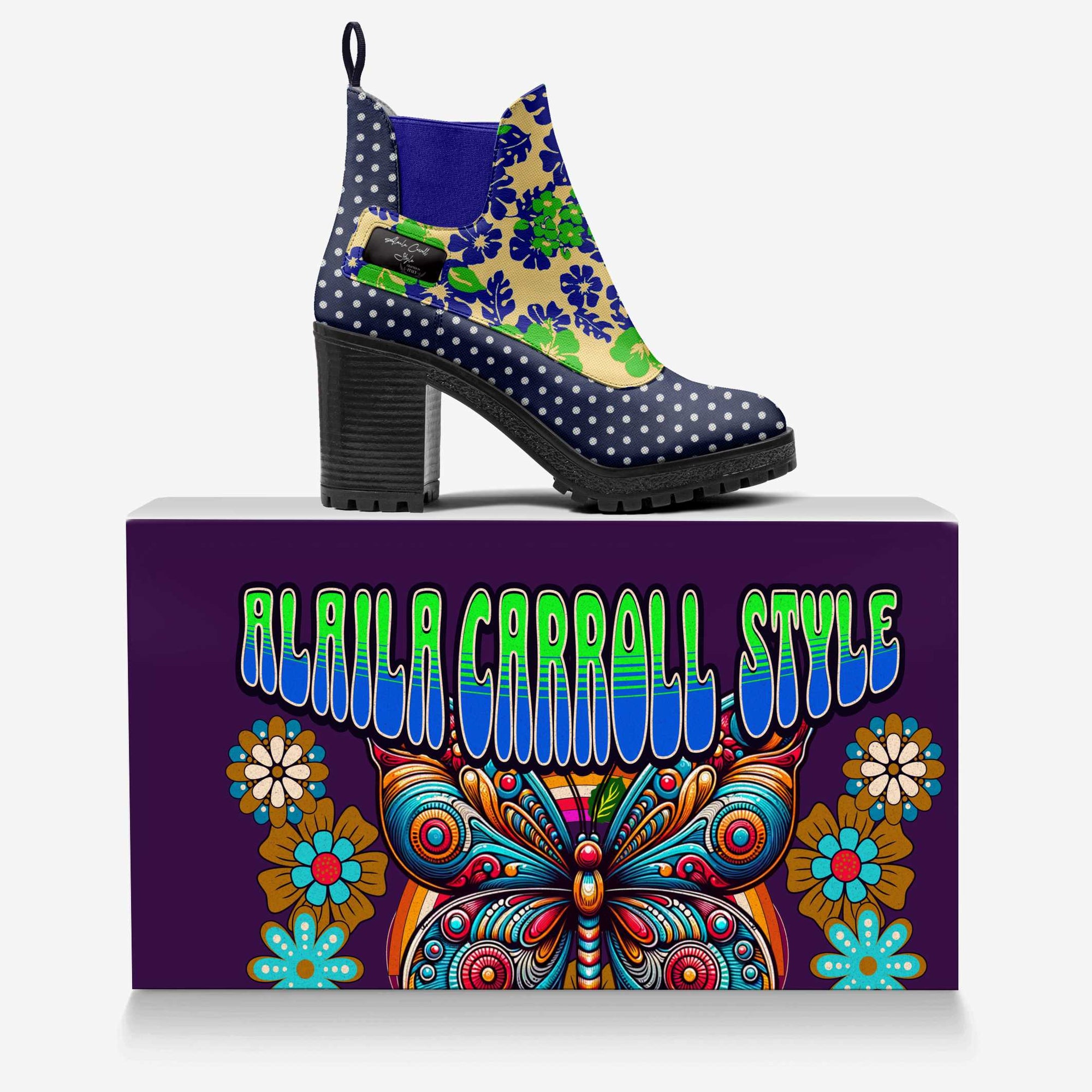 Slip-on Designer Boot Navy Polkadots & Green and Blue Flowers