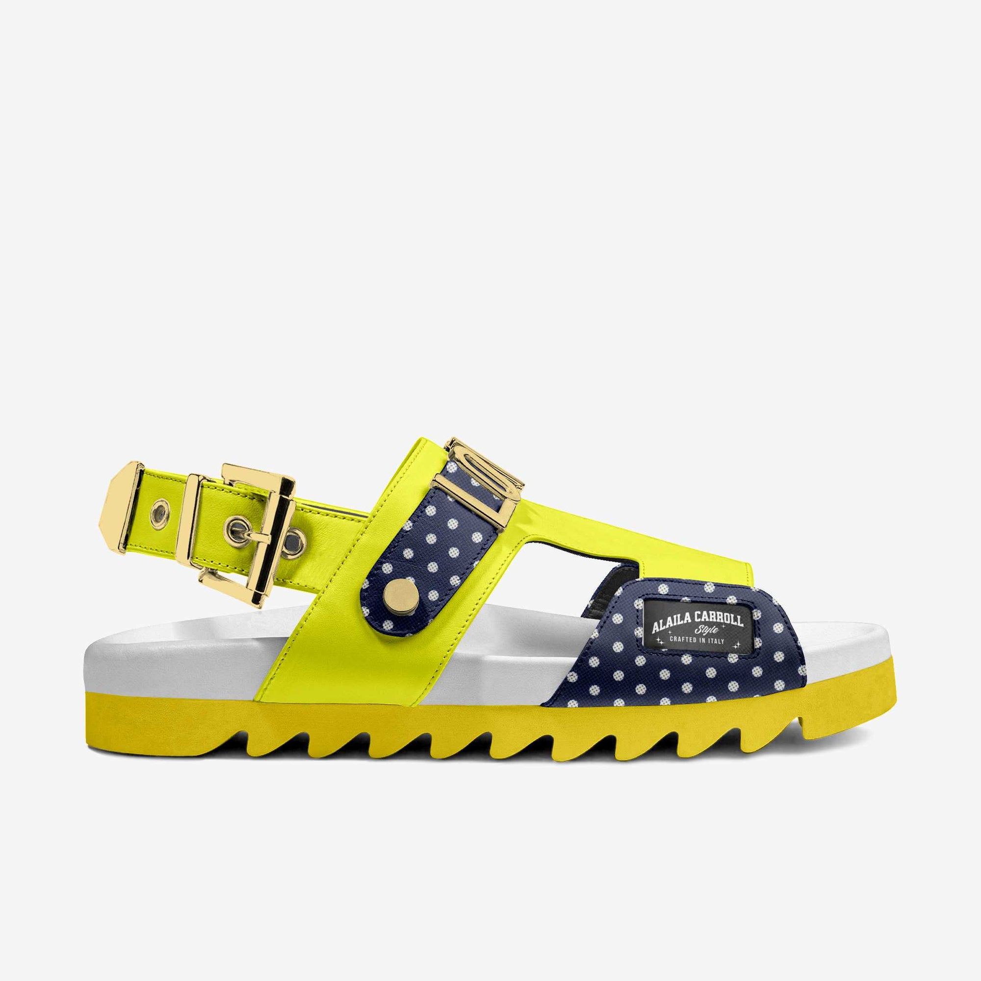 Luxe Metal Love Sandal Yellow, White, & Blue Polkadots