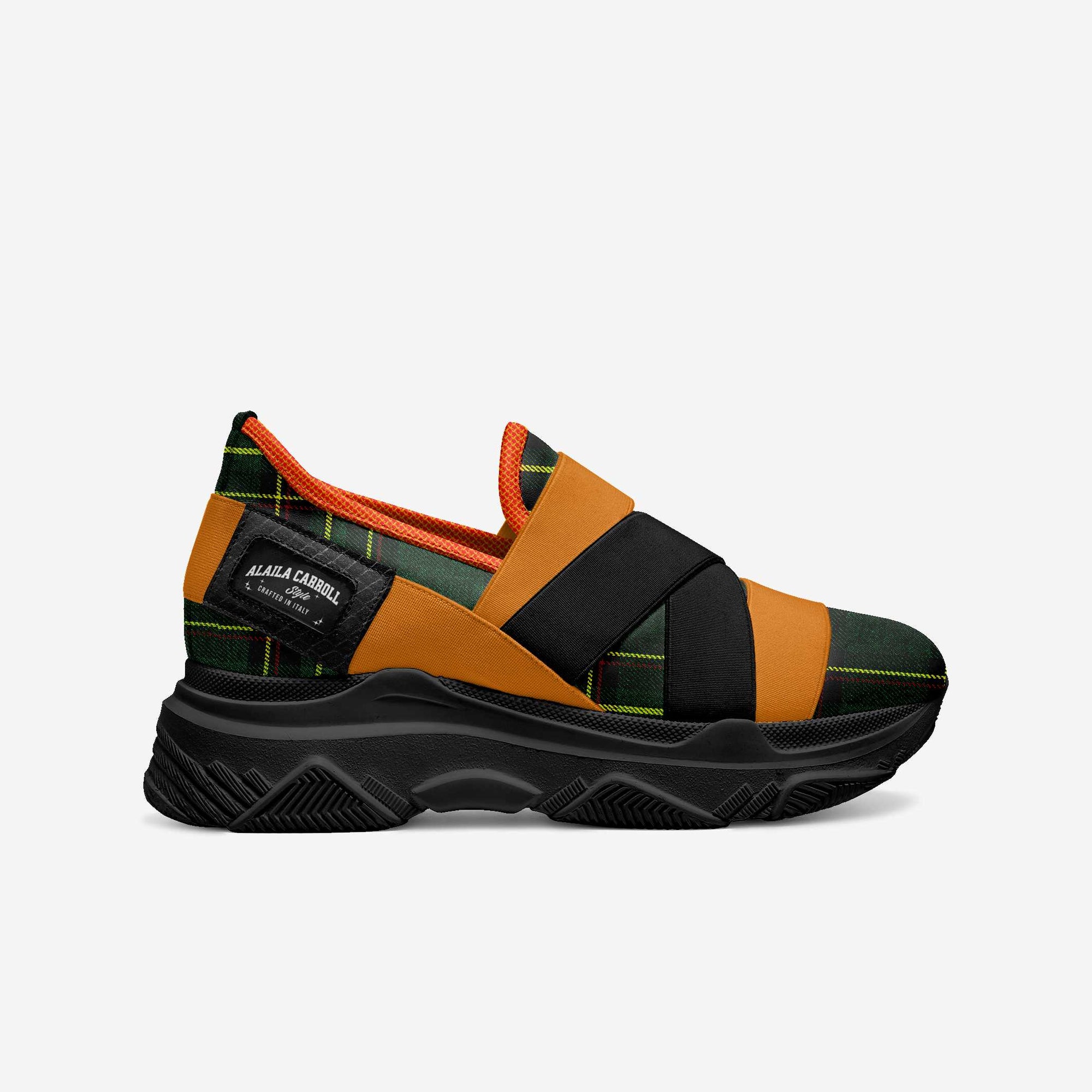 Elastic Sneaker Design Green Plaid, Orange, & Black