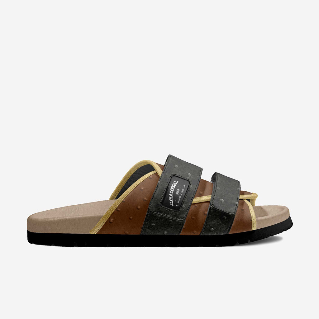Multi Stripe Fashion Sandal Black & Brown Ostrich with Gold Trim | Luxury Designer Sandals | Alaila Carroll Style
