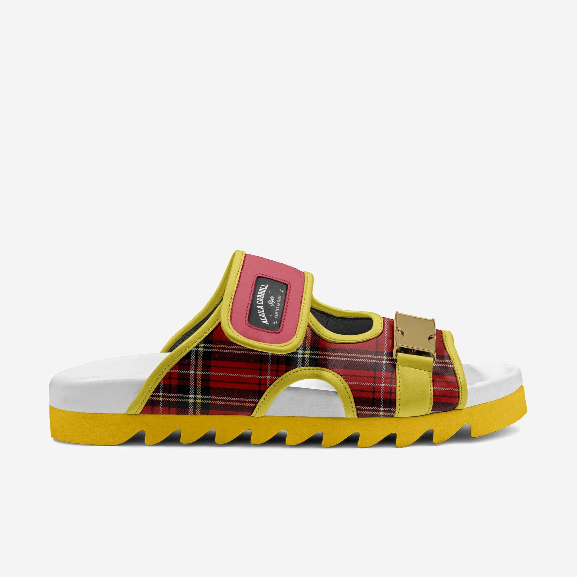 Limited-Edition Buckle Luxe Sandal Red Plaid & Canary | Luxury Designer Sandals | Alaila Carroll Style