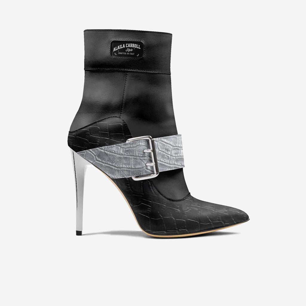 HIGH-HEEL BELT BOOT Black & Silver