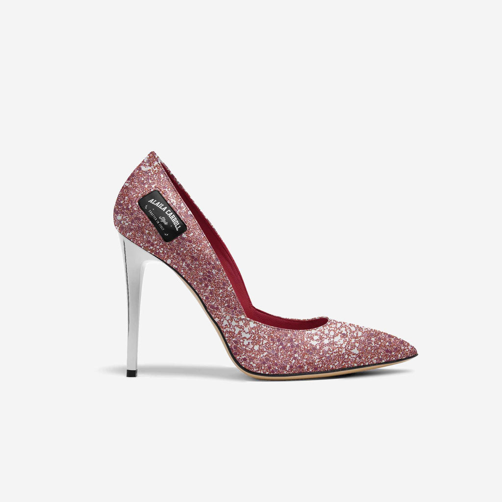 SIMPLE CUT HIGH HEEL – Luxury Sparkling Pink & Silver with Red Insoles