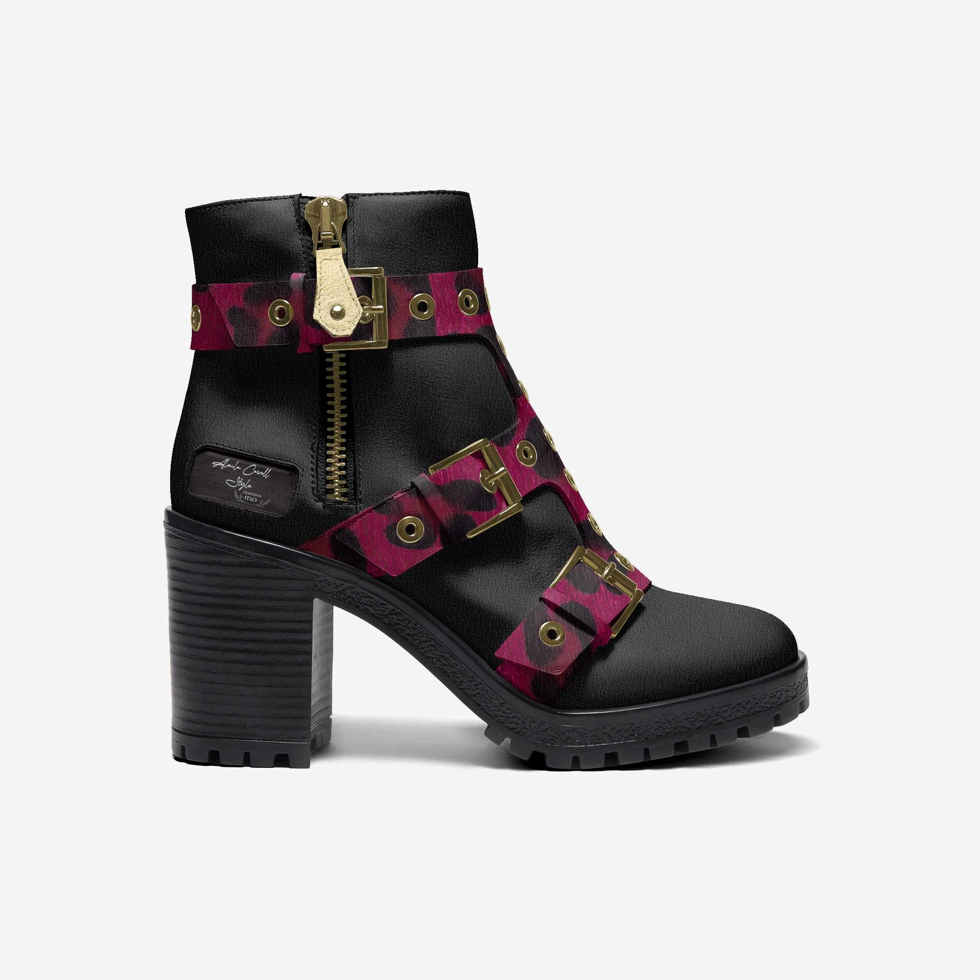 Triple Straps Boot Black & Purple Animal Print