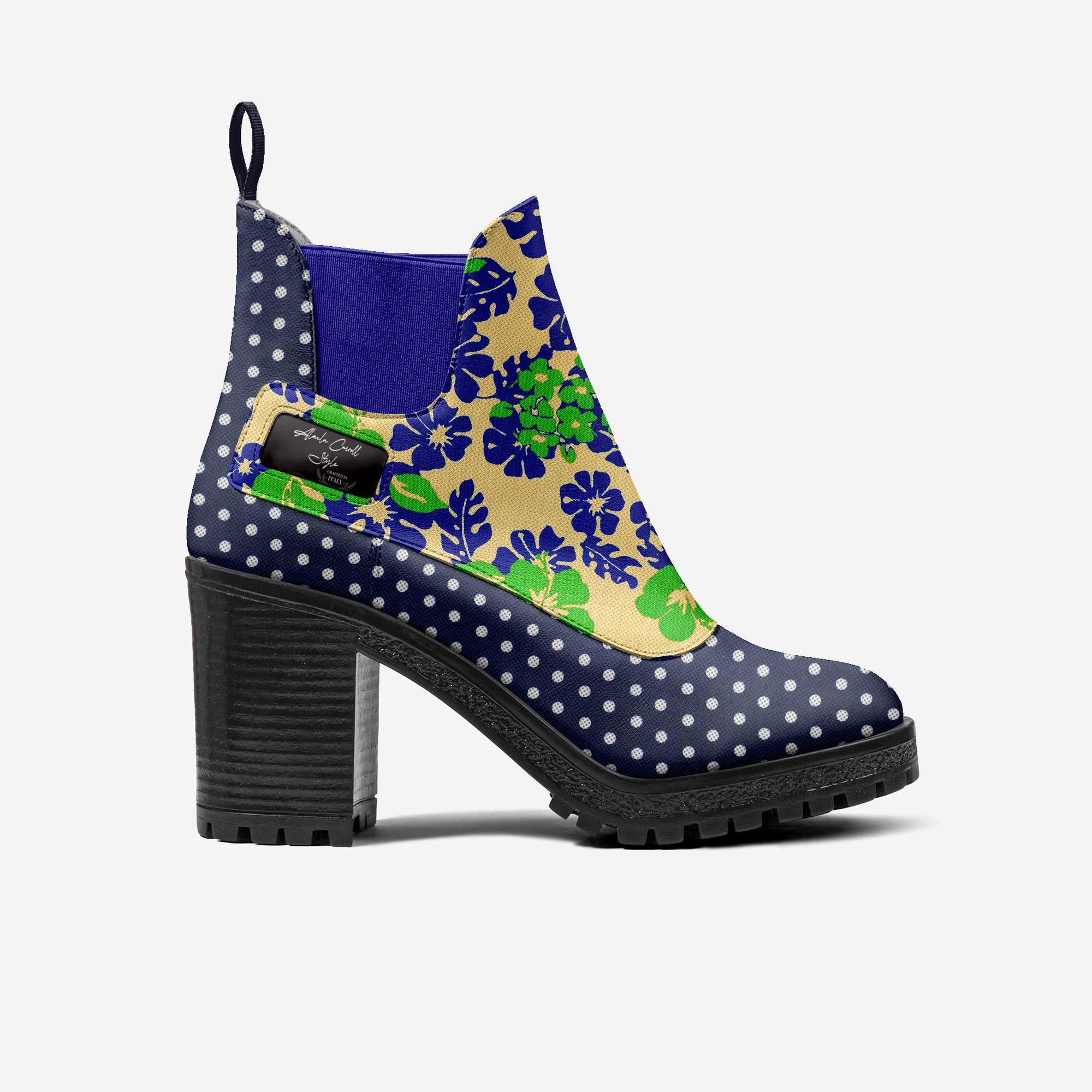 Slip-on Designer Boot Navy Polkadots & Green and Blue Flowers