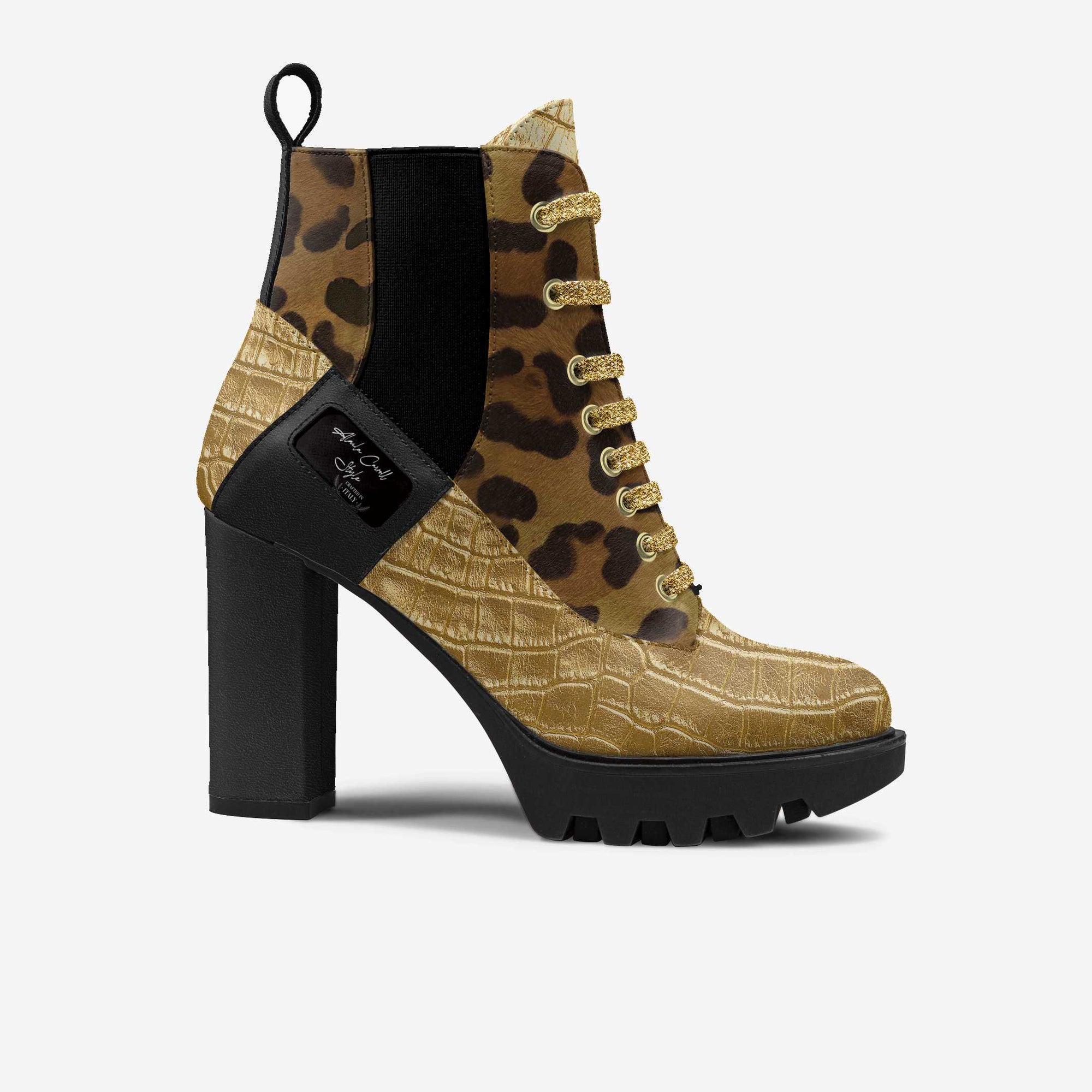 Laced Designer Boot Gold, Leopard, & Black
