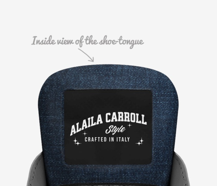 Eco Vintage High Top Denim Jeans with Mouton Laces | Sustainable Designer Sneakers | Alaila Carroll Style