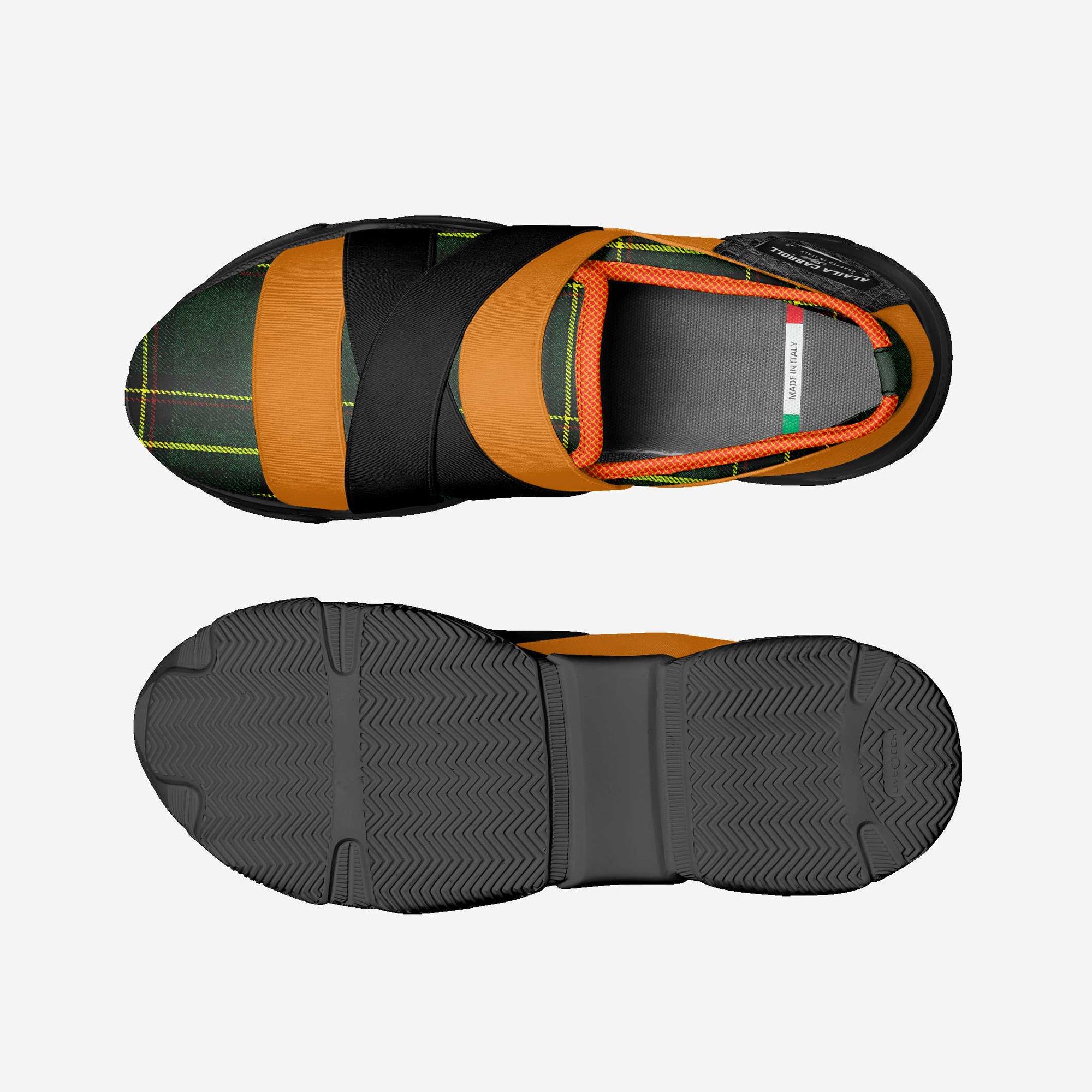 Elastic Sneaker Design Green Plaid, Orange, & Black