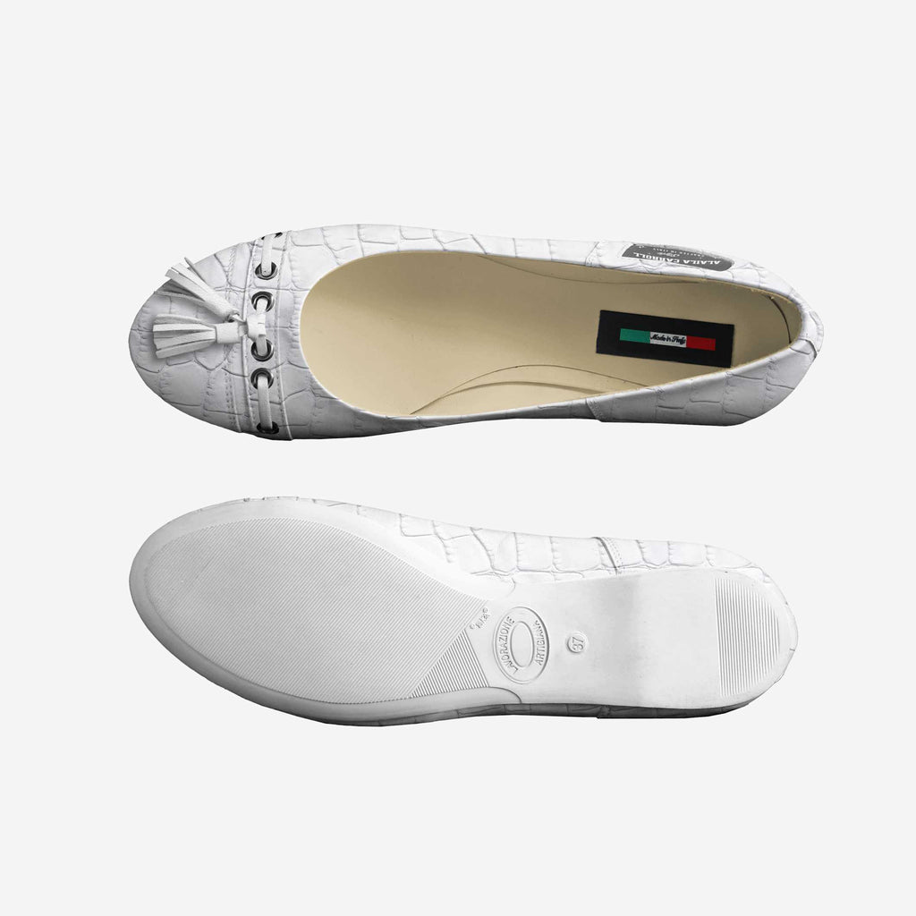 Tassels Ballerina Flats, White Croc – Elegant Italian Women’s Flats | Alaila Carroll Style