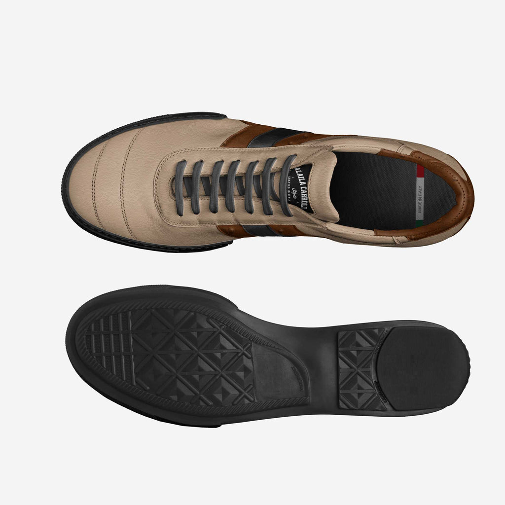 Soccer Style Stripe Nude, Ostrich Brown & Black | Luxury Indoor Soccer Sneakers | Alaila Carroll Style