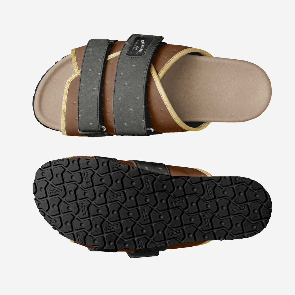 Multi Stripe Fashion Sandal Black & Brown Ostrich with Gold Trim | Luxury Designer Sandals | Alaila Carroll Style