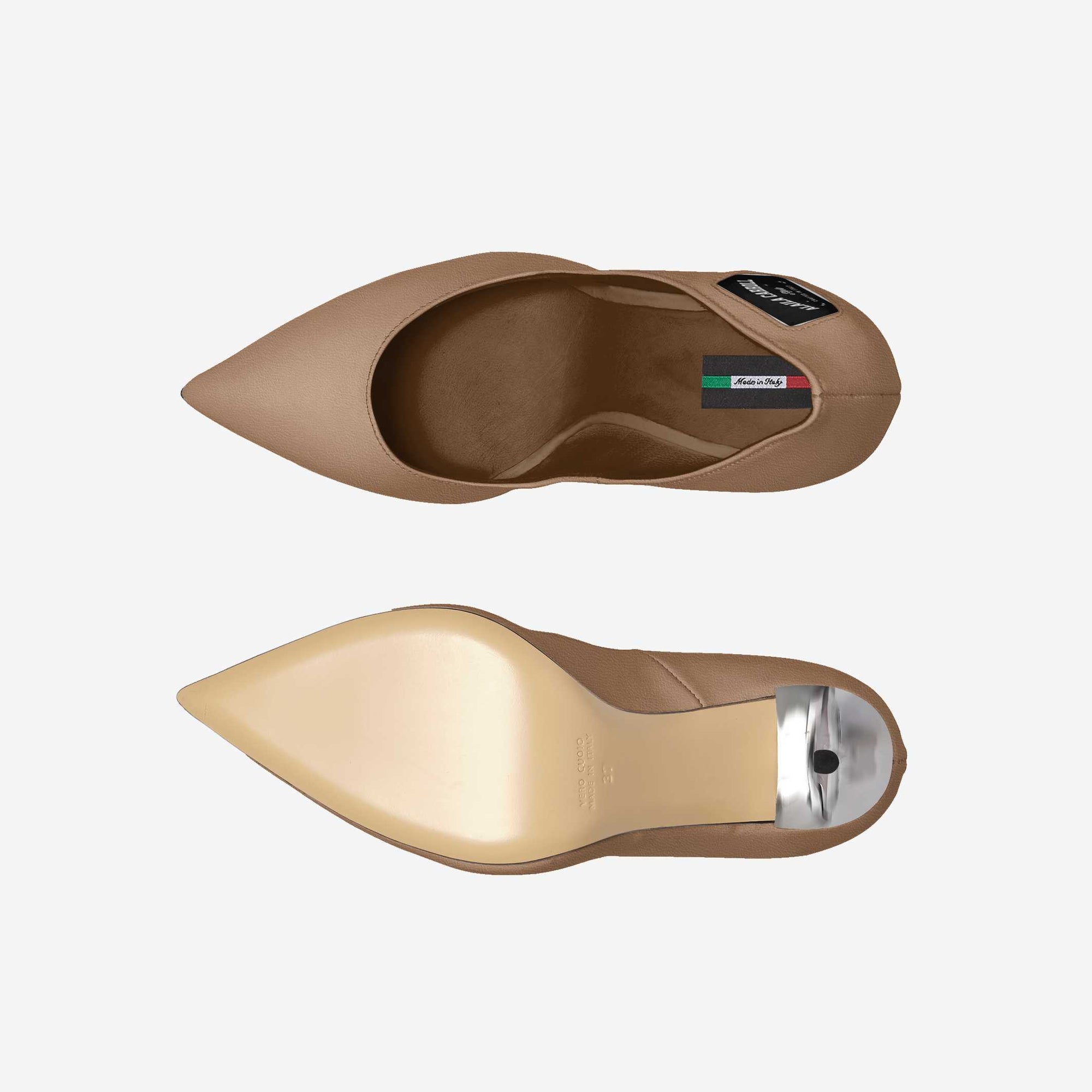Full Cut High Heel Cognac with Silver Heels | Italian Designer Pumps | Alaila Carroll Style