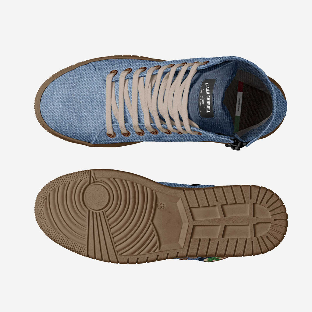 Eco Vintage High Top Denim Jeans with Mouton Laces | Sustainable Designer Sneakers | Alaila Carroll Style