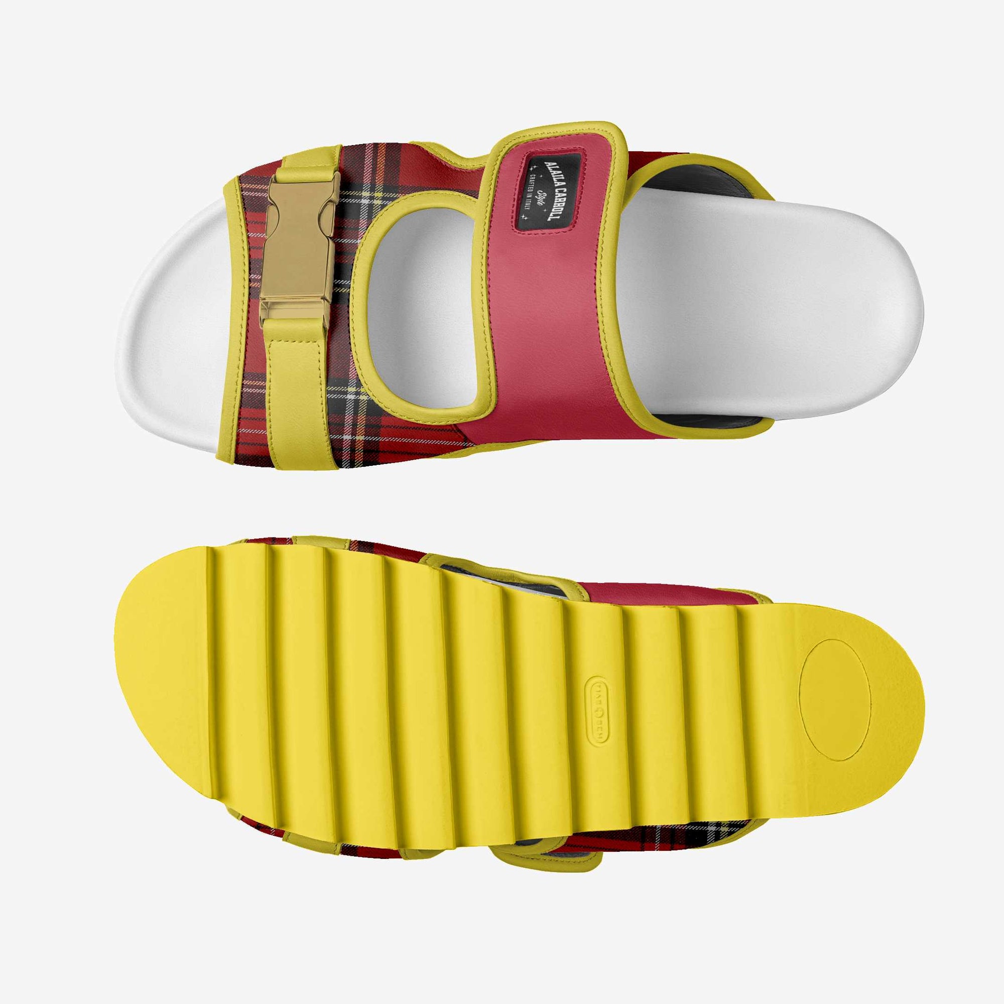 Limited-Edition Buckle Luxe Sandal Red Plaid & Canary | Luxury Designer Sandals | Alaila Carroll Style