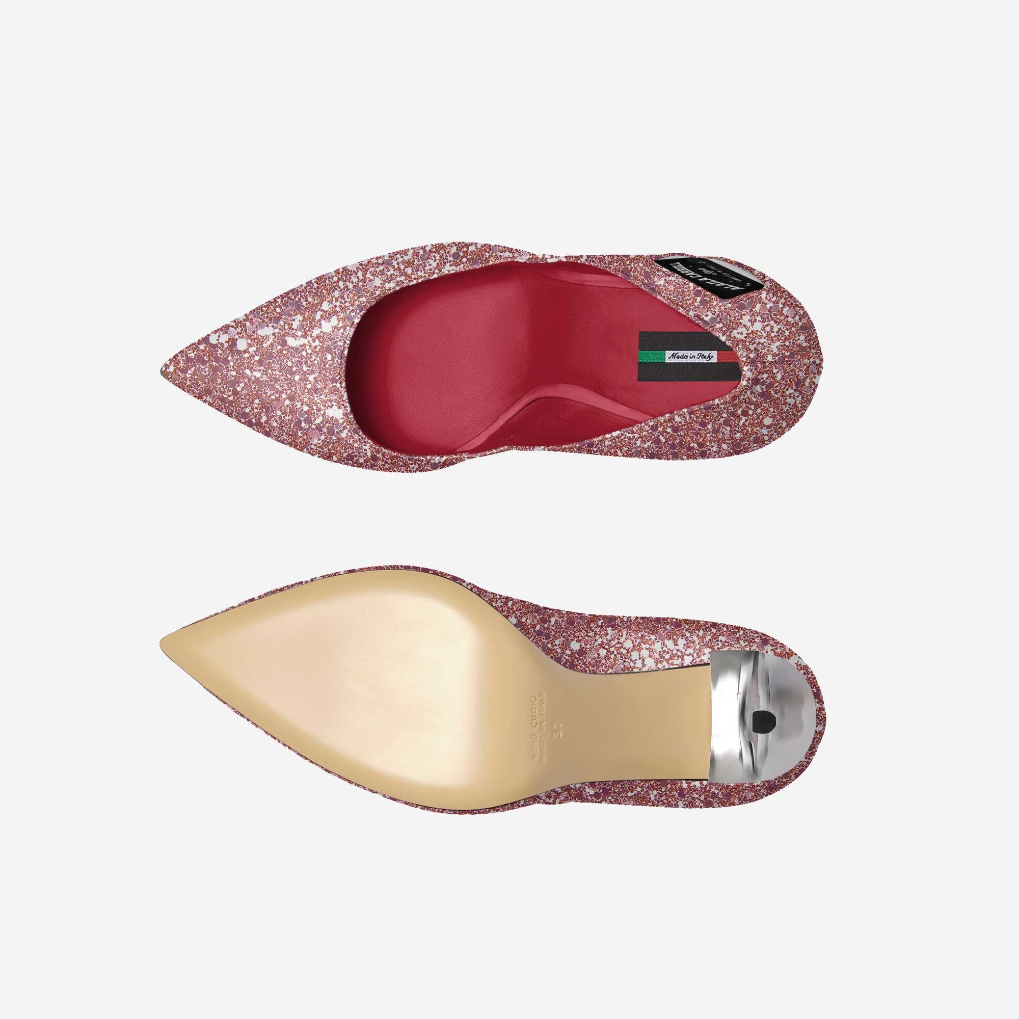 SIMPLE CUT HIGH HEEL – Luxury Sparkling Pink & Silver with Red Insoles