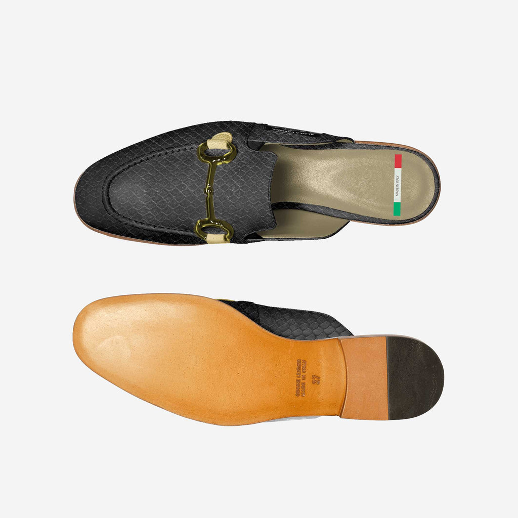Rich Slipper Design – Black Python with Gold