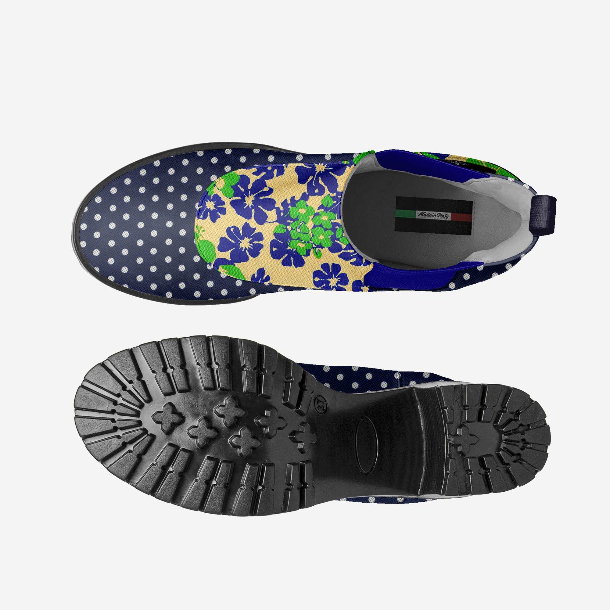 Slip-on Designer Boot Navy Polkadots & Green and Blue Flowers