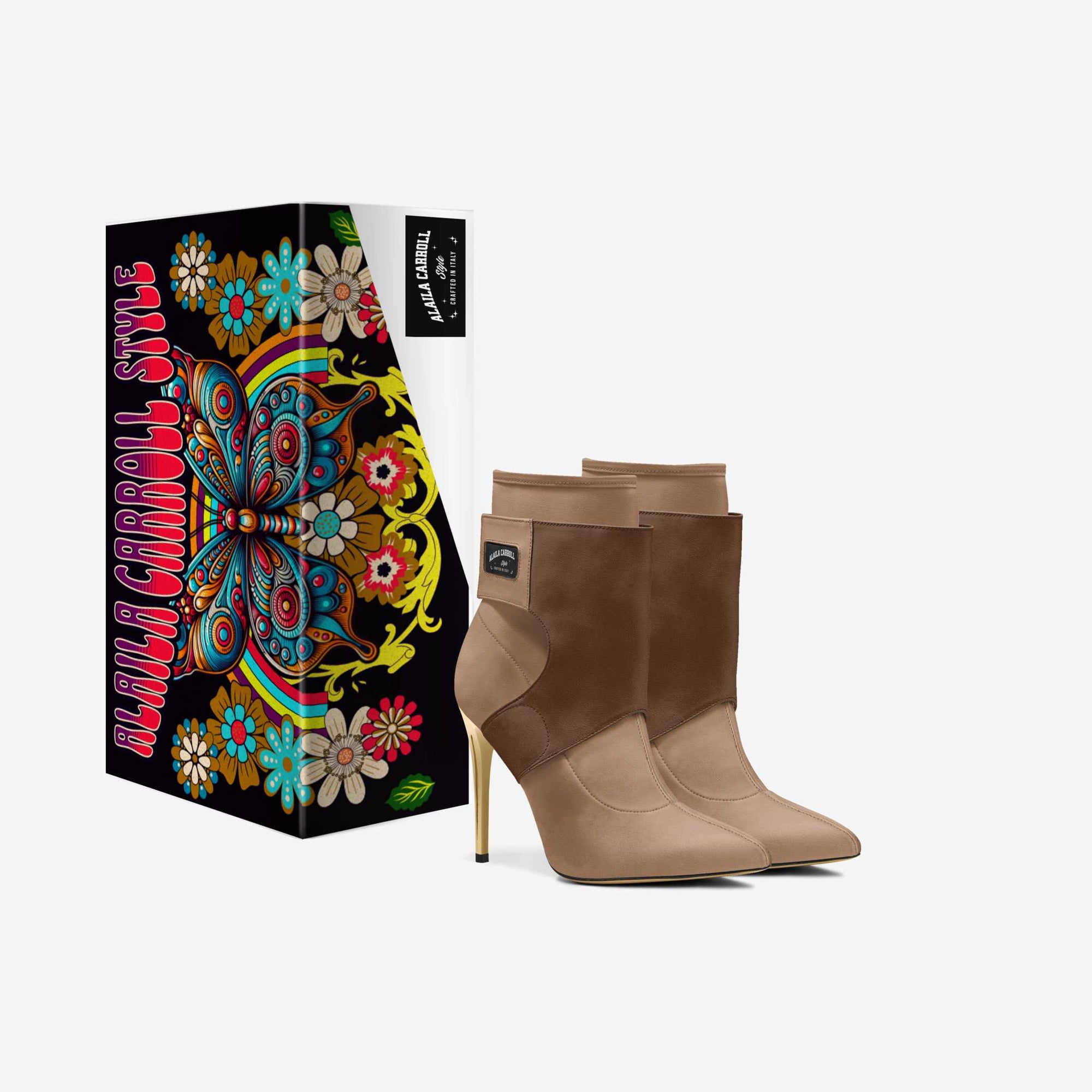 Future High Heel Nude & Brown with Gold Heels | Futuristic Designer Stiletto Boots | Alaila Carroll Style