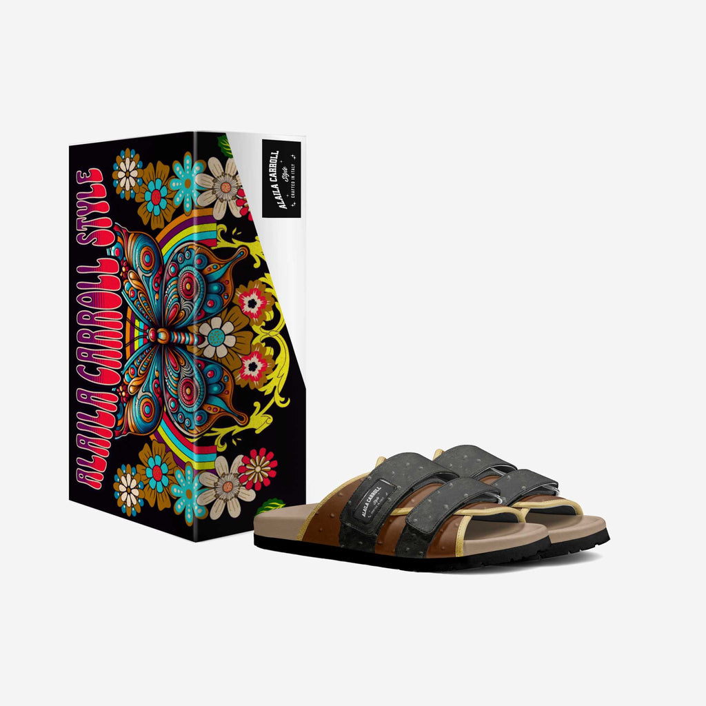 Multi Stripe Fashion Sandal Black & Brown Ostrich with Gold Trim | Luxury Designer Sandals | Alaila Carroll Style