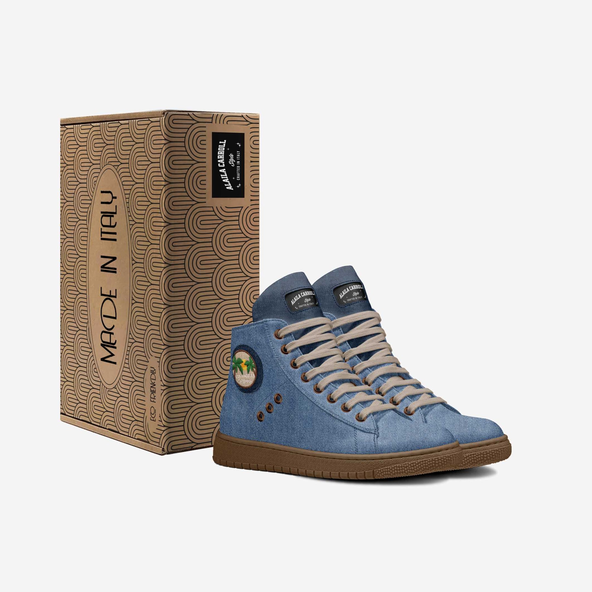 Eco Vintage High Top Denim Jeans with Mouton Laces | Sustainable Designer Sneakers | Alaila Carroll Style