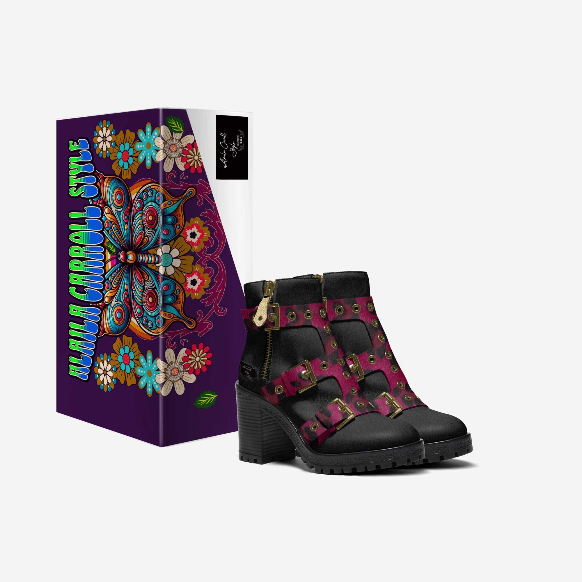 Triple Straps Boot Black & Purple Animal Print