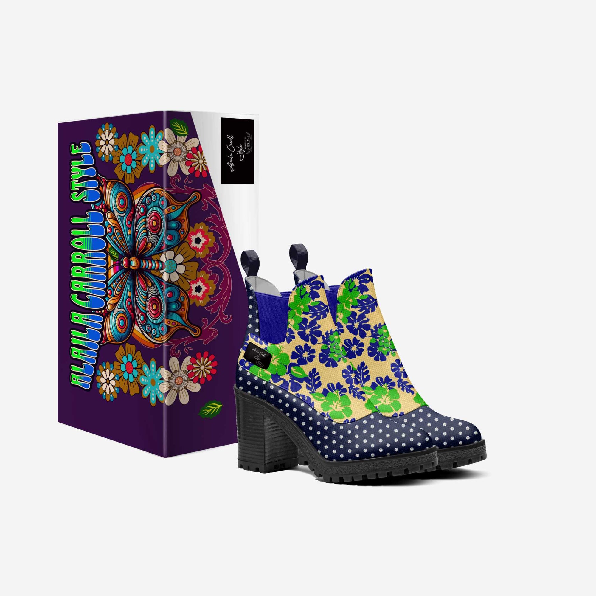 Slip-on Designer Boot Navy Polkadots & Green and Blue Flowers
