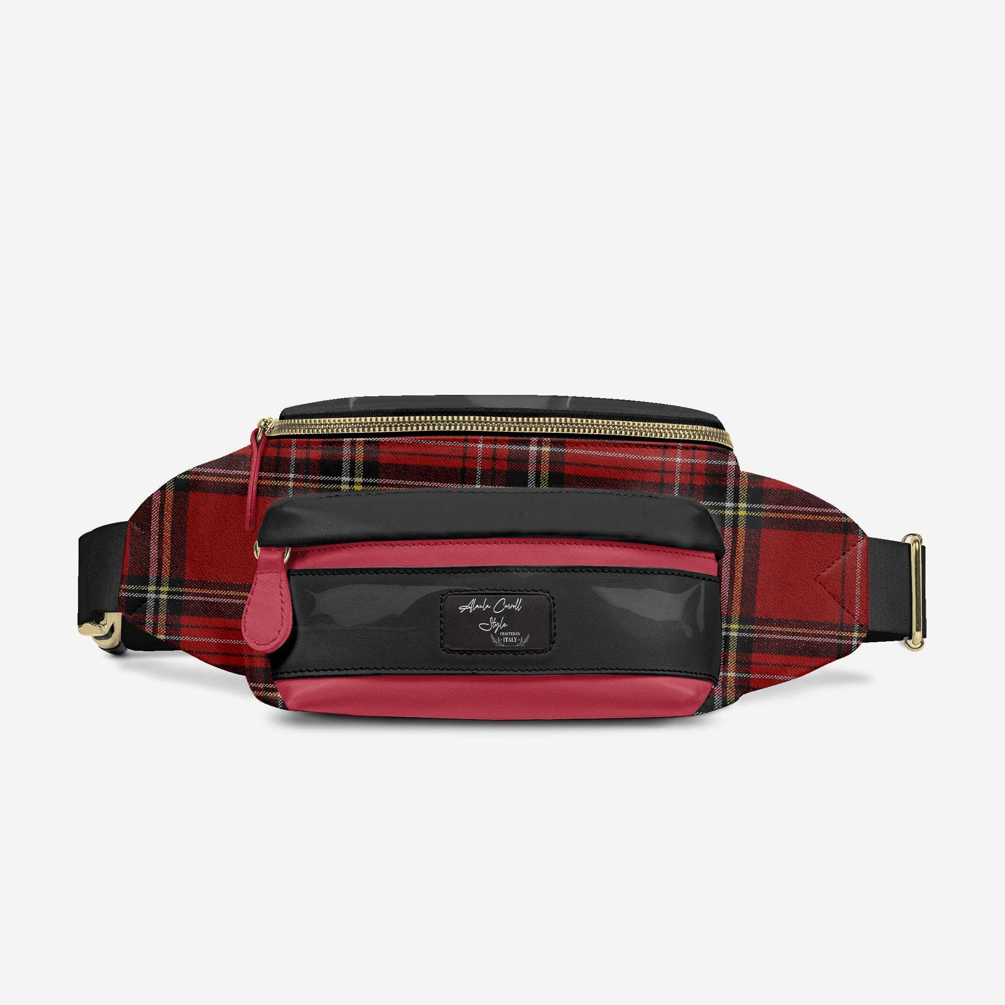 DESIGNER LUXE MULTI-POCKET BELT BAG Red Plaid, & Black