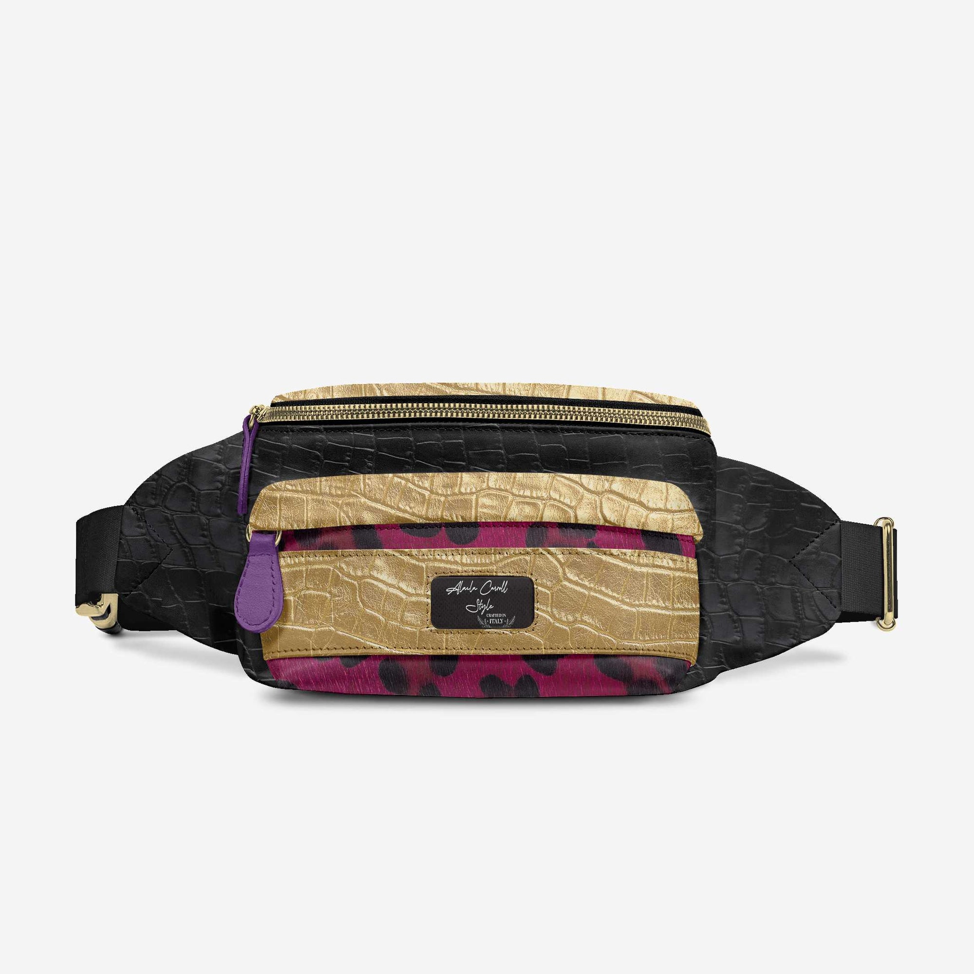 DESIGNER LUXE MULTI-POCKET BELT BAG Black, Purple, & Gold