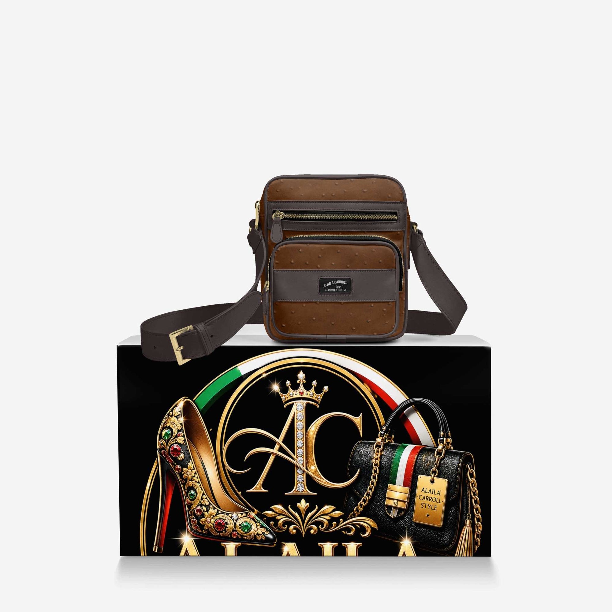 CROSS-BODY DESIGNER SHOULDER BAG – Brown Ostrich & Tobacco