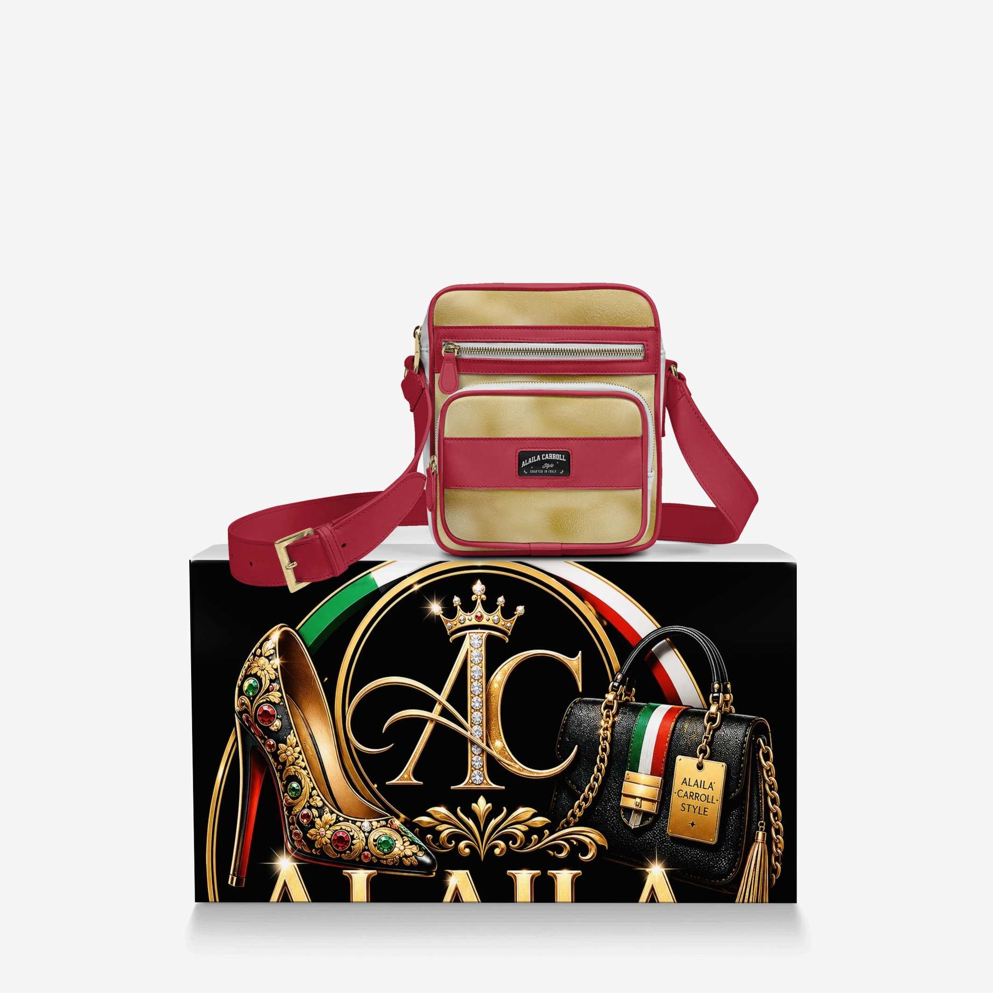 Cross-Body Designer Shoulder Bag Gold, White & Red – Luxury Meets Everyday Functionality