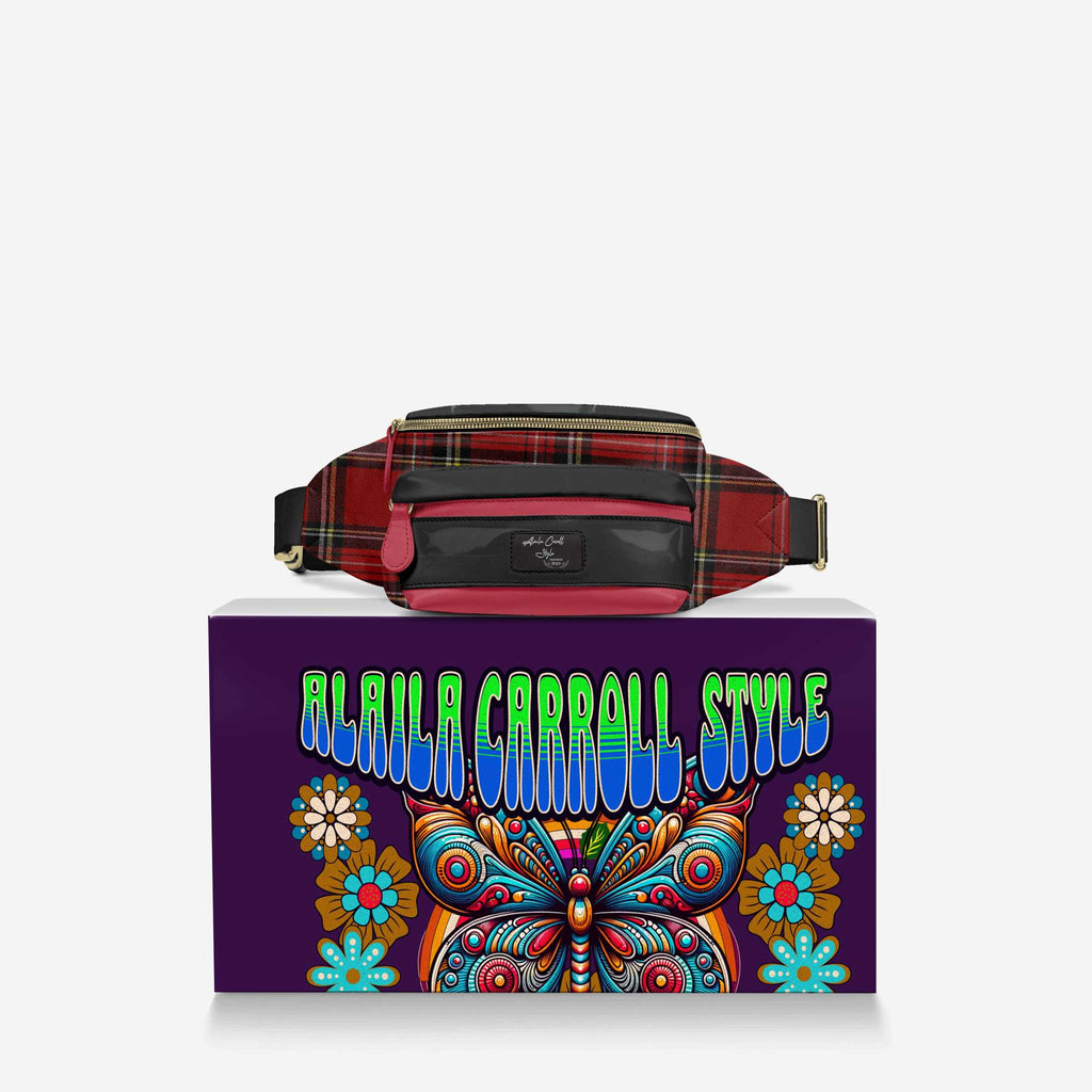 DESIGNER LUXE MULTI-POCKET BELT BAG Red Plaid, & Black