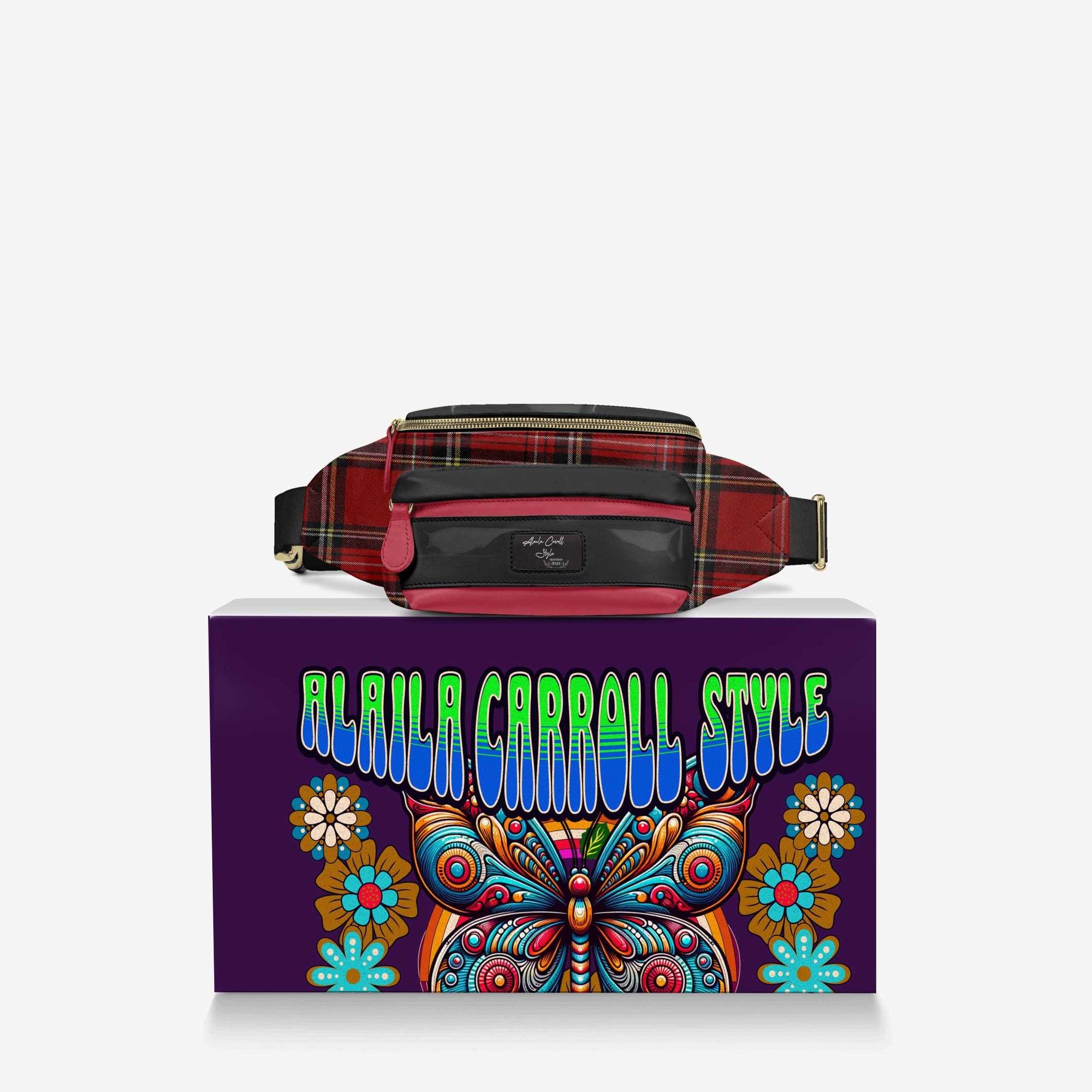 DESIGNER LUXE MULTI-POCKET BELT BAG Red Plaid, & Black
