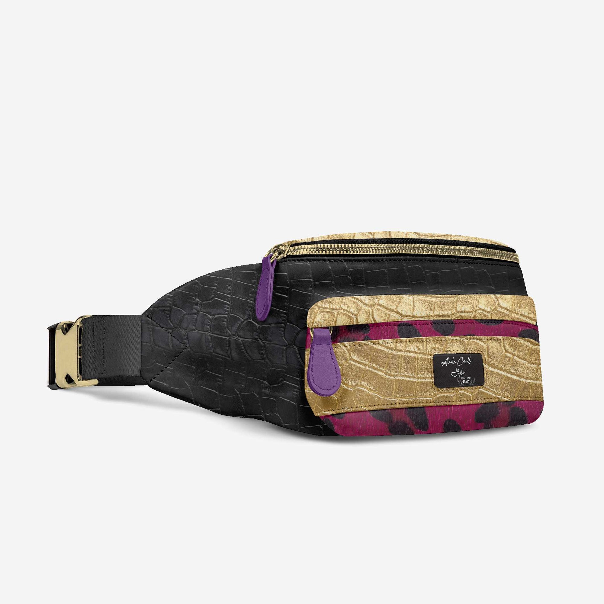 DESIGNER LUXE MULTI-POCKET BELT BAG Black, Purple, & Gold