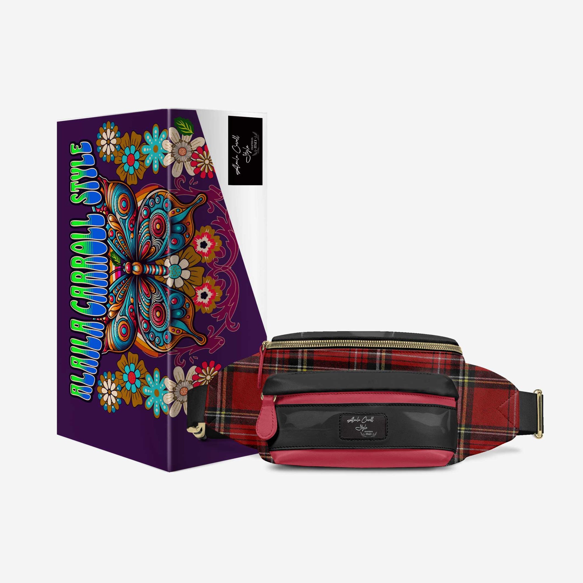 DESIGNER LUXE MULTI-POCKET BELT BAG Red Plaid, & Black