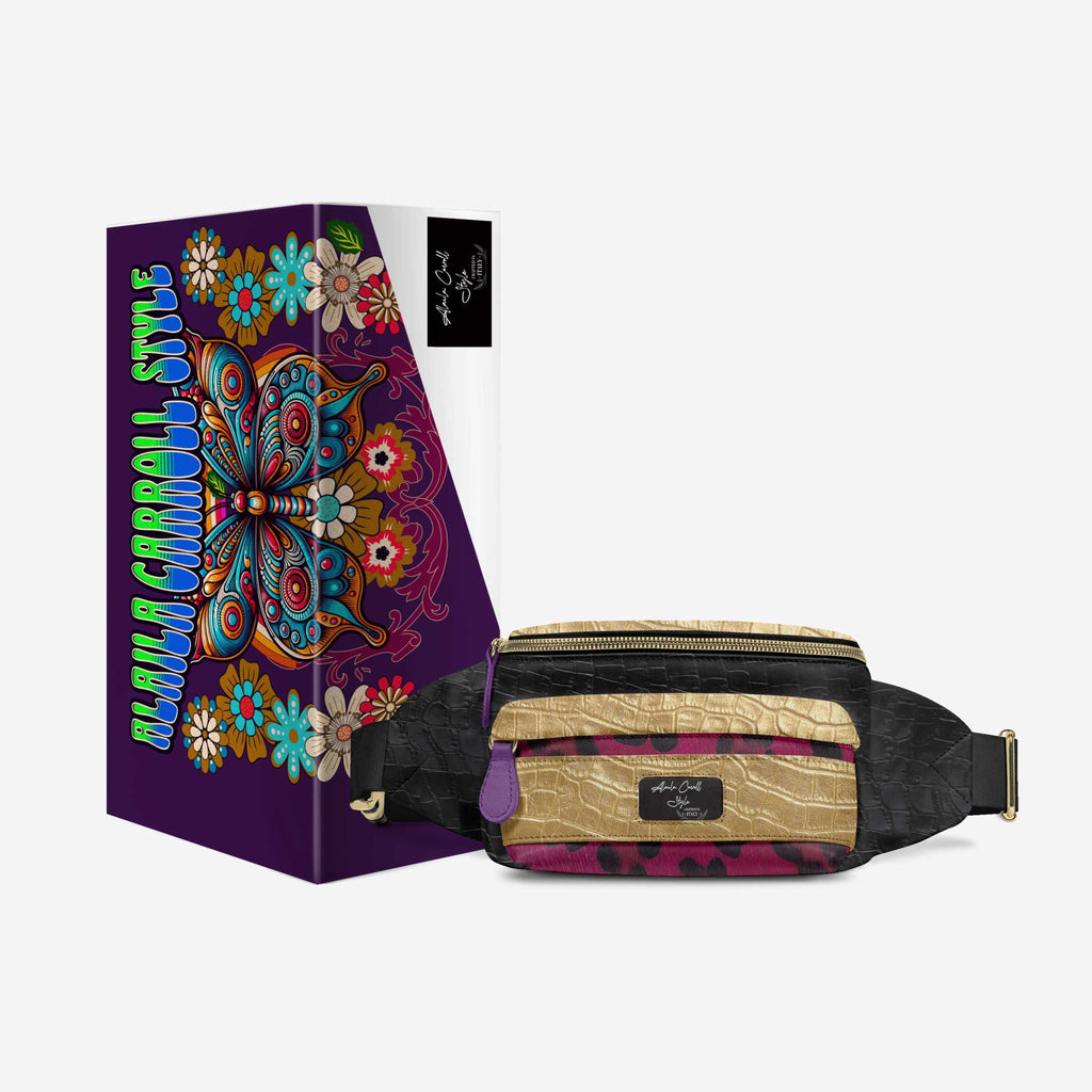 DESIGNER LUXE MULTI-POCKET BELT BAG Black, Purple, & Gold