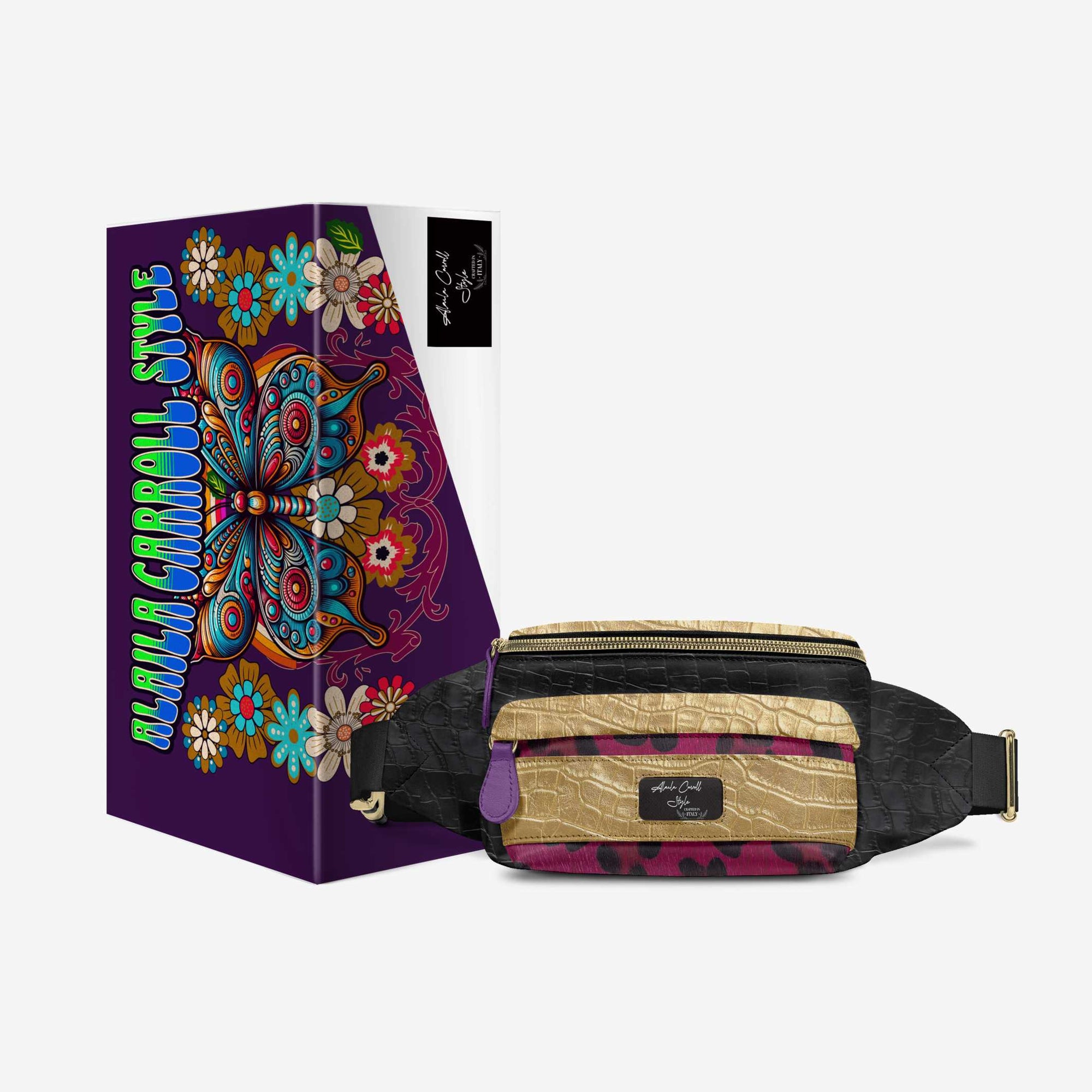 DESIGNER LUXE MULTI-POCKET BELT BAG Black, Purple, & Gold