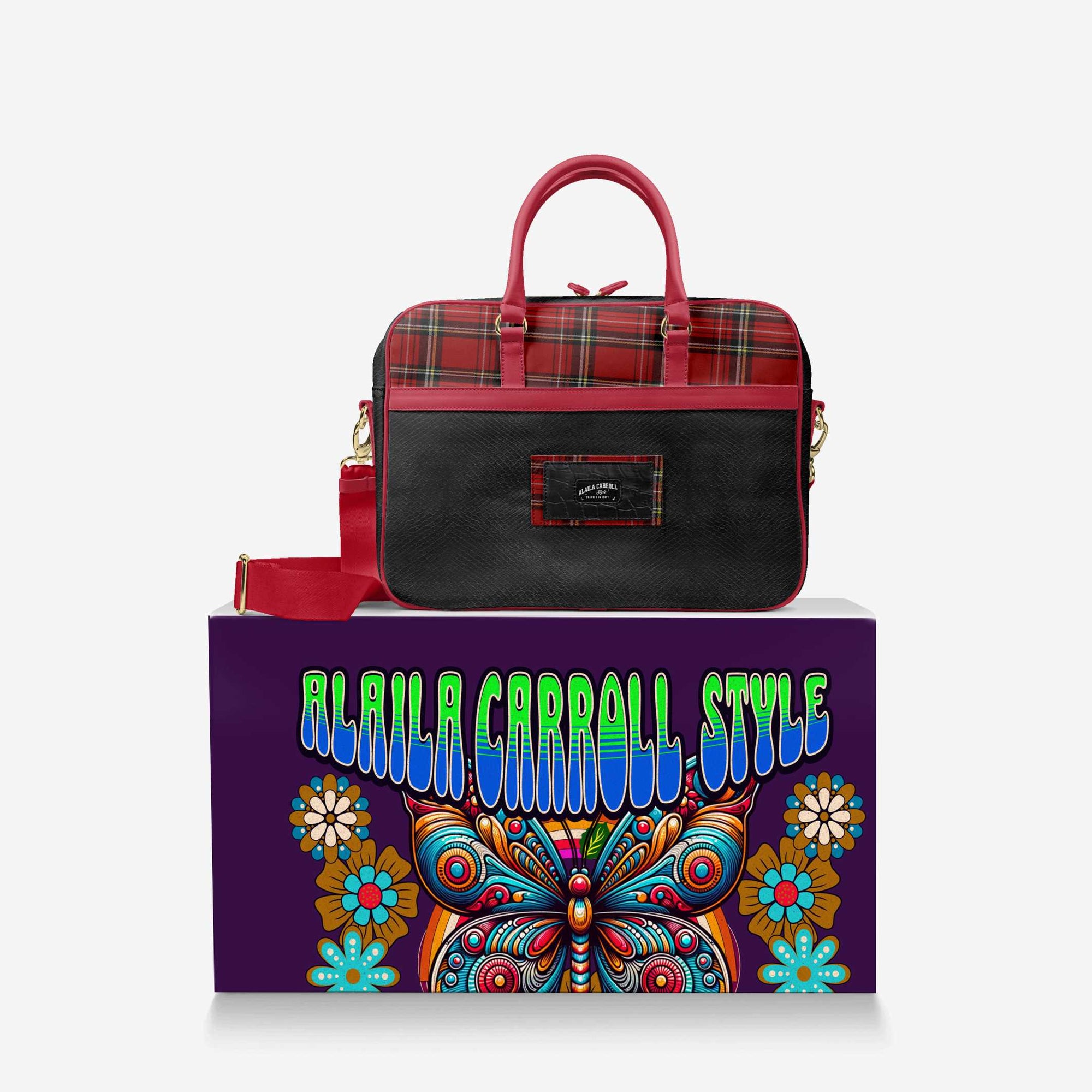 DESIGNER LUXURY URBAN WORK BAG Red Plaid & Black