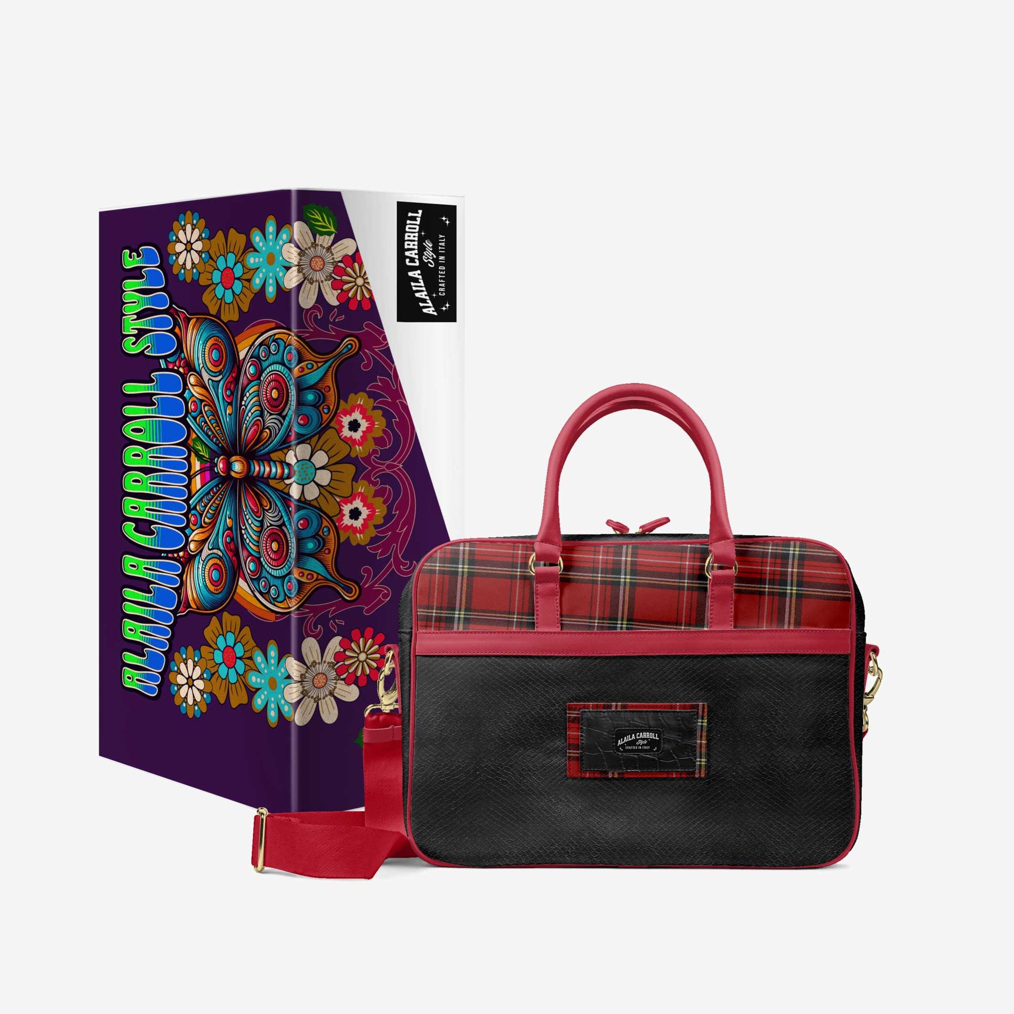 DESIGNER LUXURY URBAN WORK BAG Red Plaid & Black