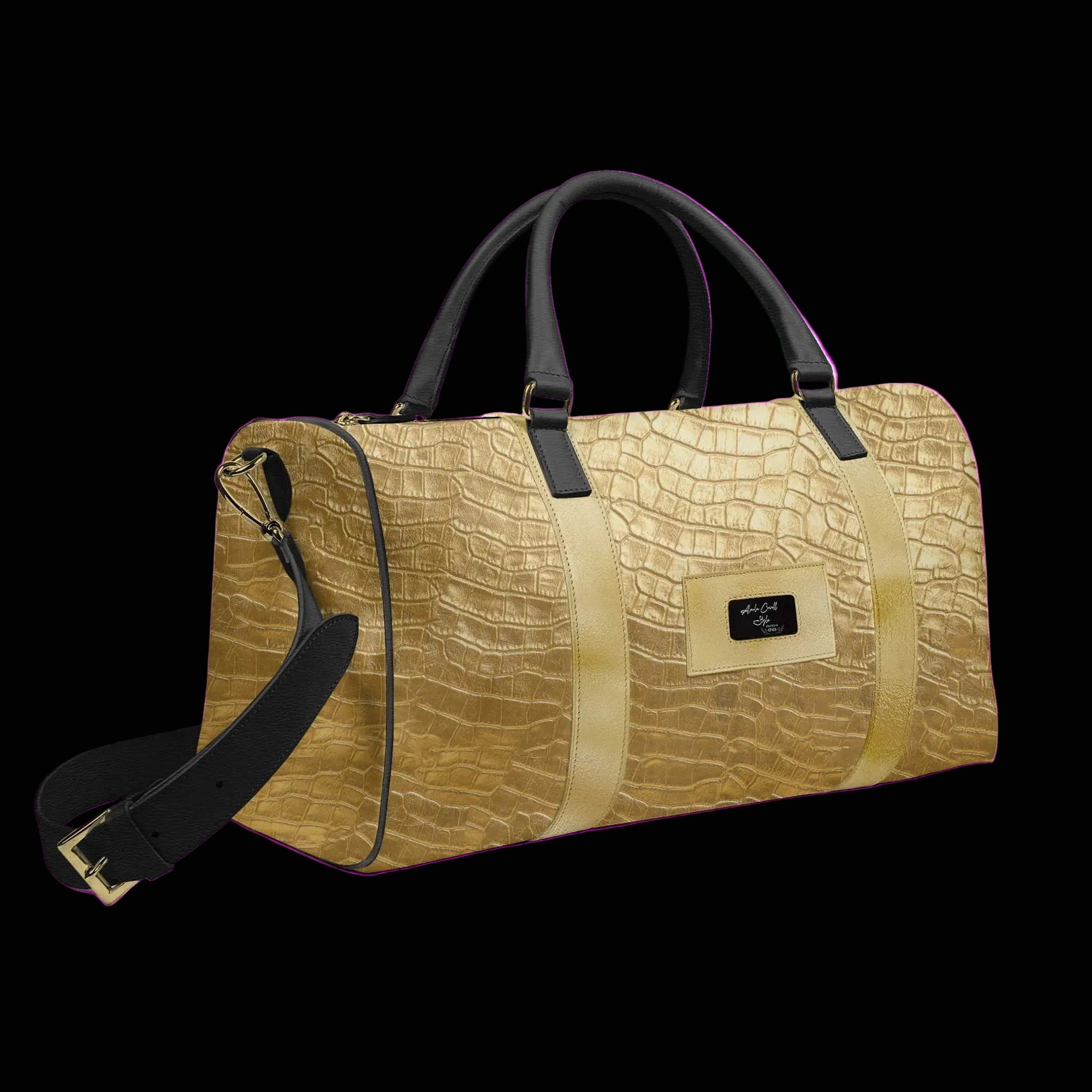 Gold textured duffel bag with black handles and strap on a white background