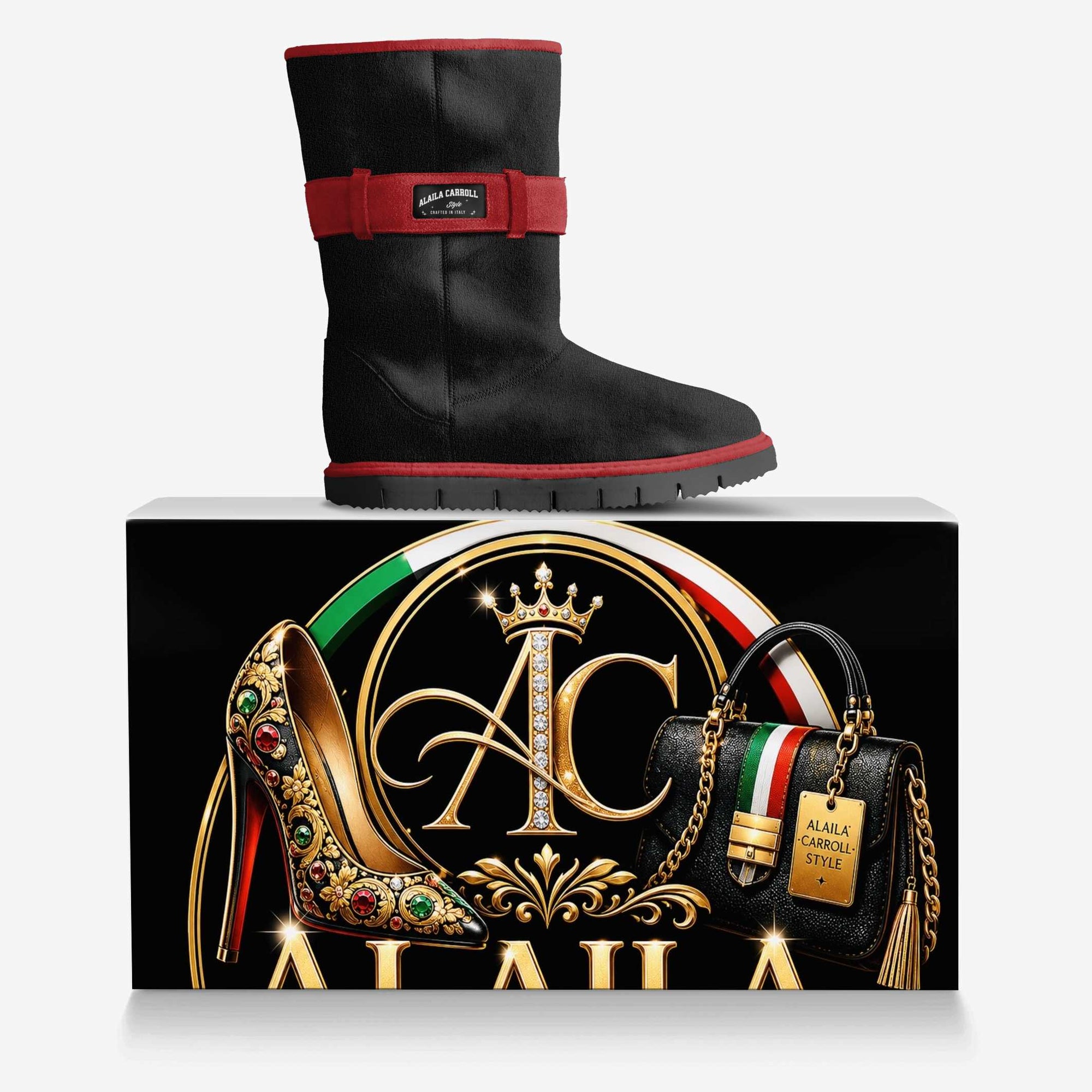 Belted Mid-Boot Red & Black Suede – Cozy Italian Luxury with Bold Style