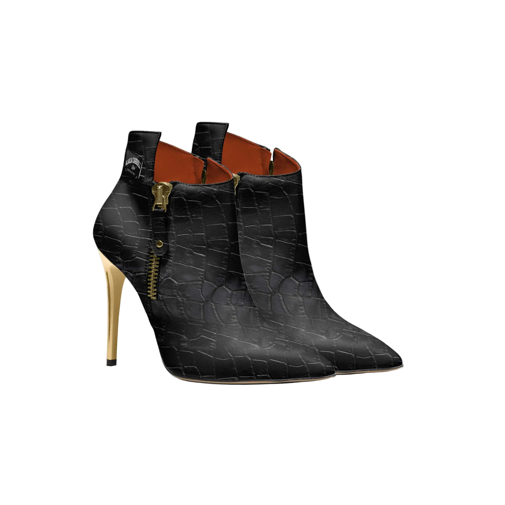 Black high-heeled boot with zipper detail on a white background