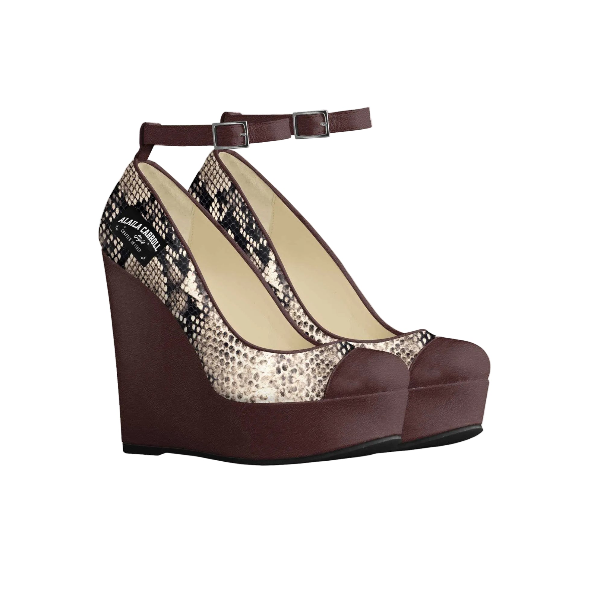Luxury ankle strap wedge in python and dark brown with Italian materials, metallic buckle, and bold 5-inch wedge heel for elevated style.

python wedge heel, ankle strap wedge sandal, luxury wedge shoes, Italian wedge heels, women’s designer wedges, statement wedge heel, high wedge sandal, fashion wedge shoe, python print heels, elegant wedge footwear