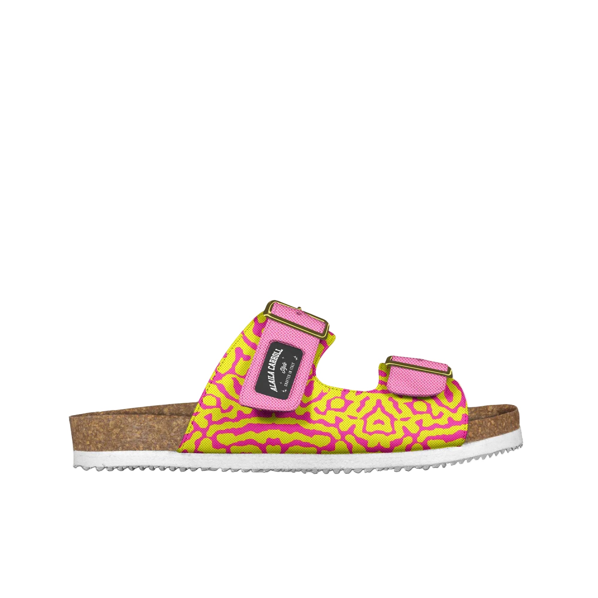 Shop the Belt Sandal in Abstract Textile Pink & Yellow. Premium Italian materials, cork comfort sole, metallic buckles, and vibrant retro-inspired style. Belt Sandal in Abstract Textile Pink and Yellow featuring a colorful artistic design, textured cork and rubber sole, genuine Italian materials lining, and elegant metallic buckle closures for premium comfort and luxury style.