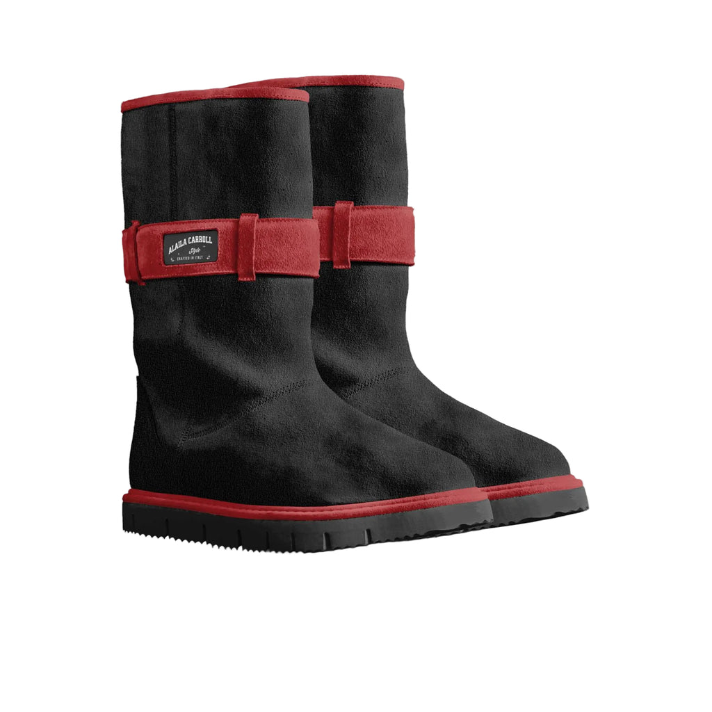 Shop the Belted Mid-Boot Red & Black Suede by Alaila Carroll Style. Made from genuine Italian eco-sheepskin with a furry finish, a comfortable sole, and an embossed logo ankle strap.