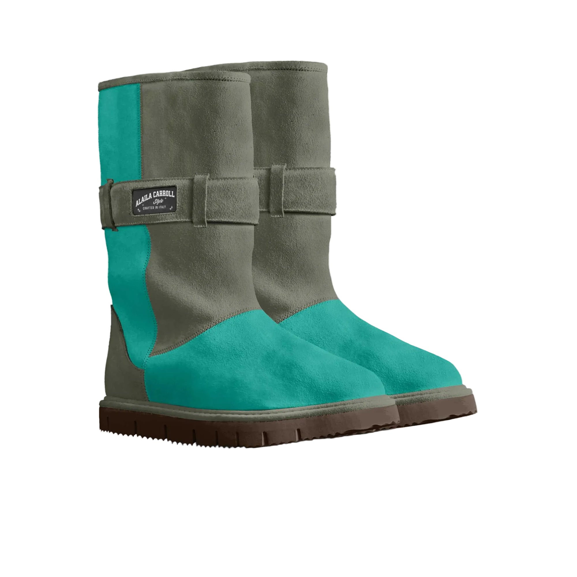 Sky blue and grey eco-sheepskin mid-boot with furry lining and logo belt strap. Cozy, stylish women’s winter boot with Italian craftsmanship.

eco-sheepskin boots, furry mid boots for women, sky blue winter boots, belted women boots, Italian winter footwear, cozy fashion boots, stylish cold weather boots, luxury
