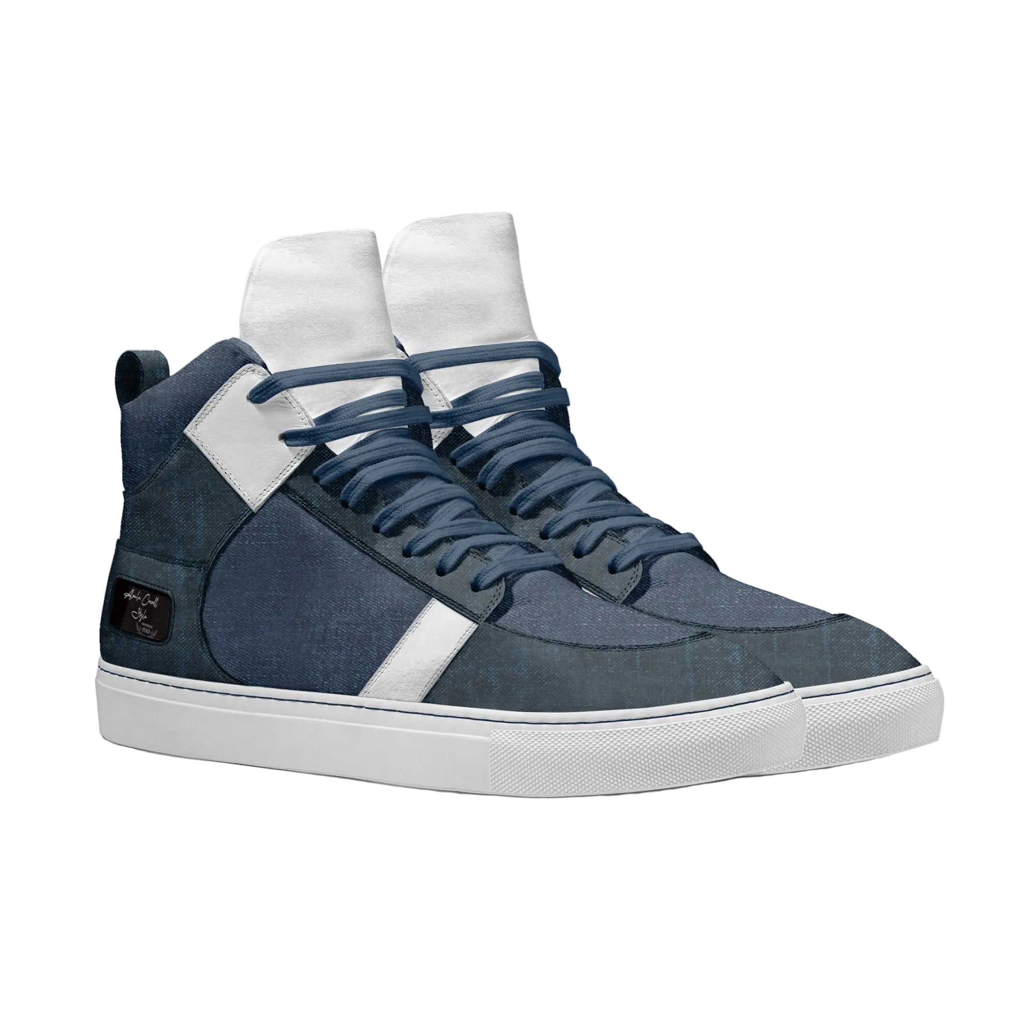 Stand out in the Classic Baller High Top Sneaker in denim & white. Features soft material panels, padded ankle collar, oversized tongue, and extended sizing for men and women.
high top sneakers, denim high top shoes, unisex fashion sneakers, padded ankle sneakers, lace up high tops, big size sneakers, extended size footwear, streetwear sneakers, modern high top shoes, designer casual sneakers, men’s high tops, women’s high tops
