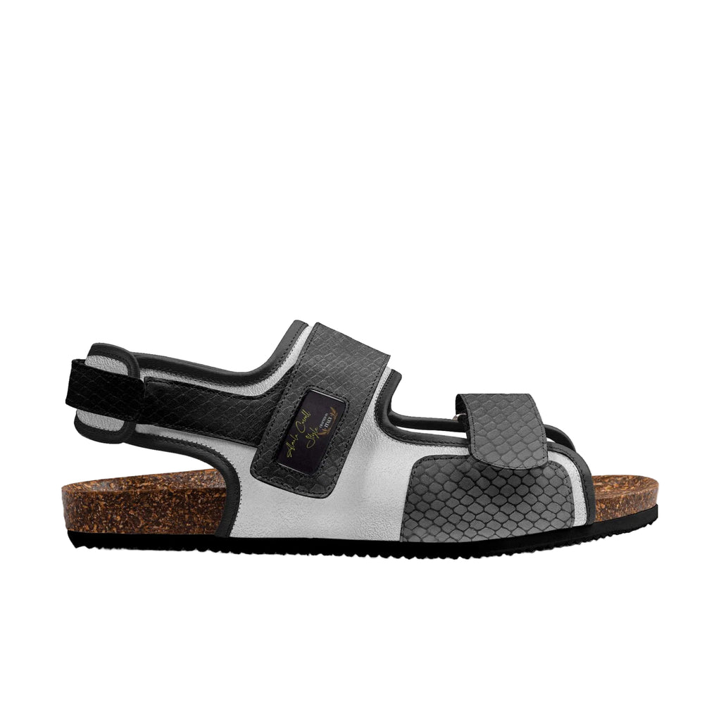 Classic black and silver sandal with cork insole, Italian materials lining, adjustable straps, and Alaila Carroll Style logo for everyday luxury.

luxury sandals, black silver sandals, designer sandals, cork sole sandals, Italian materials sandals, Alaila Carroll Style, comfortable fashion sandals